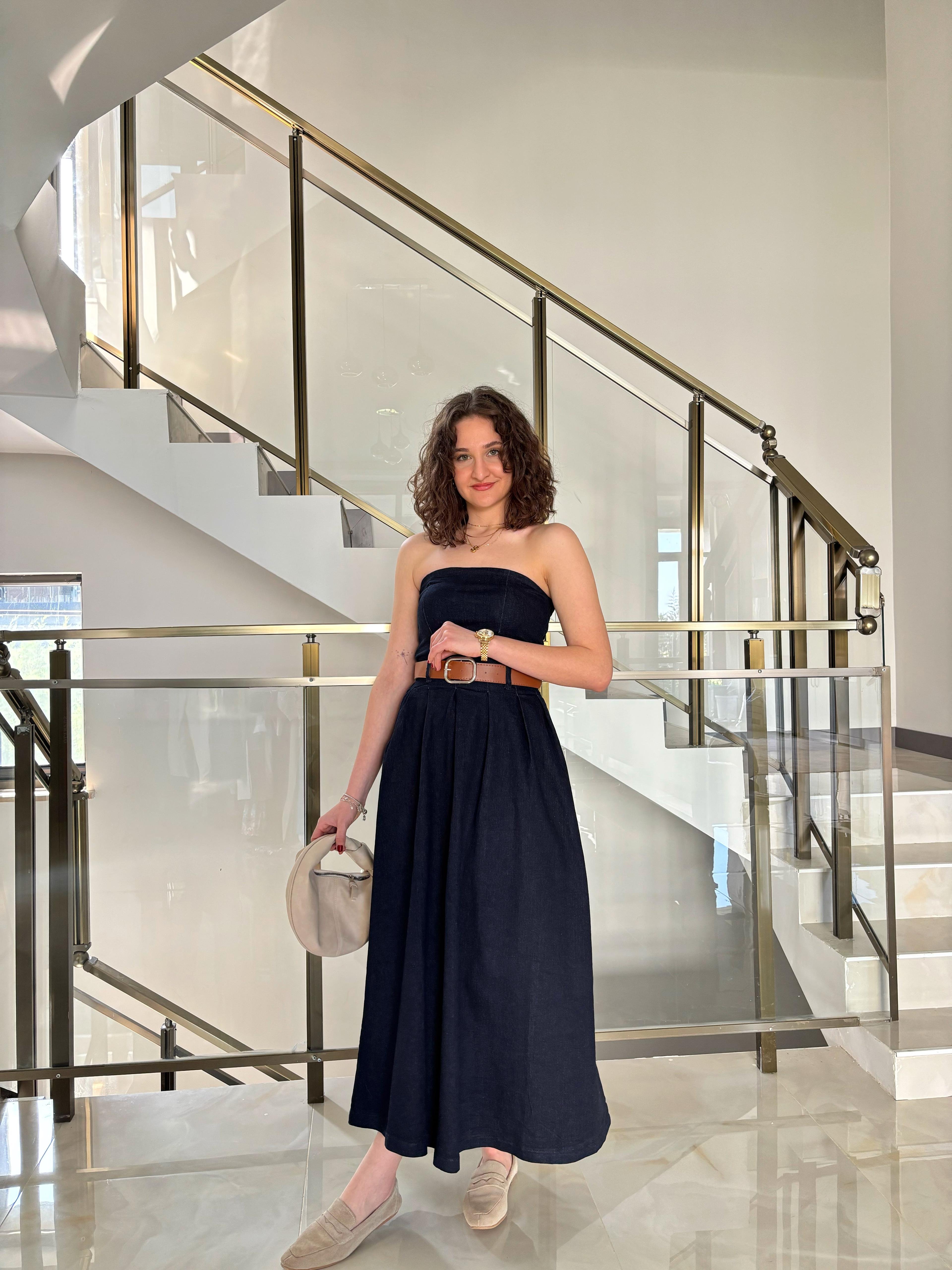 Straplez Kemerli Denim Elbise