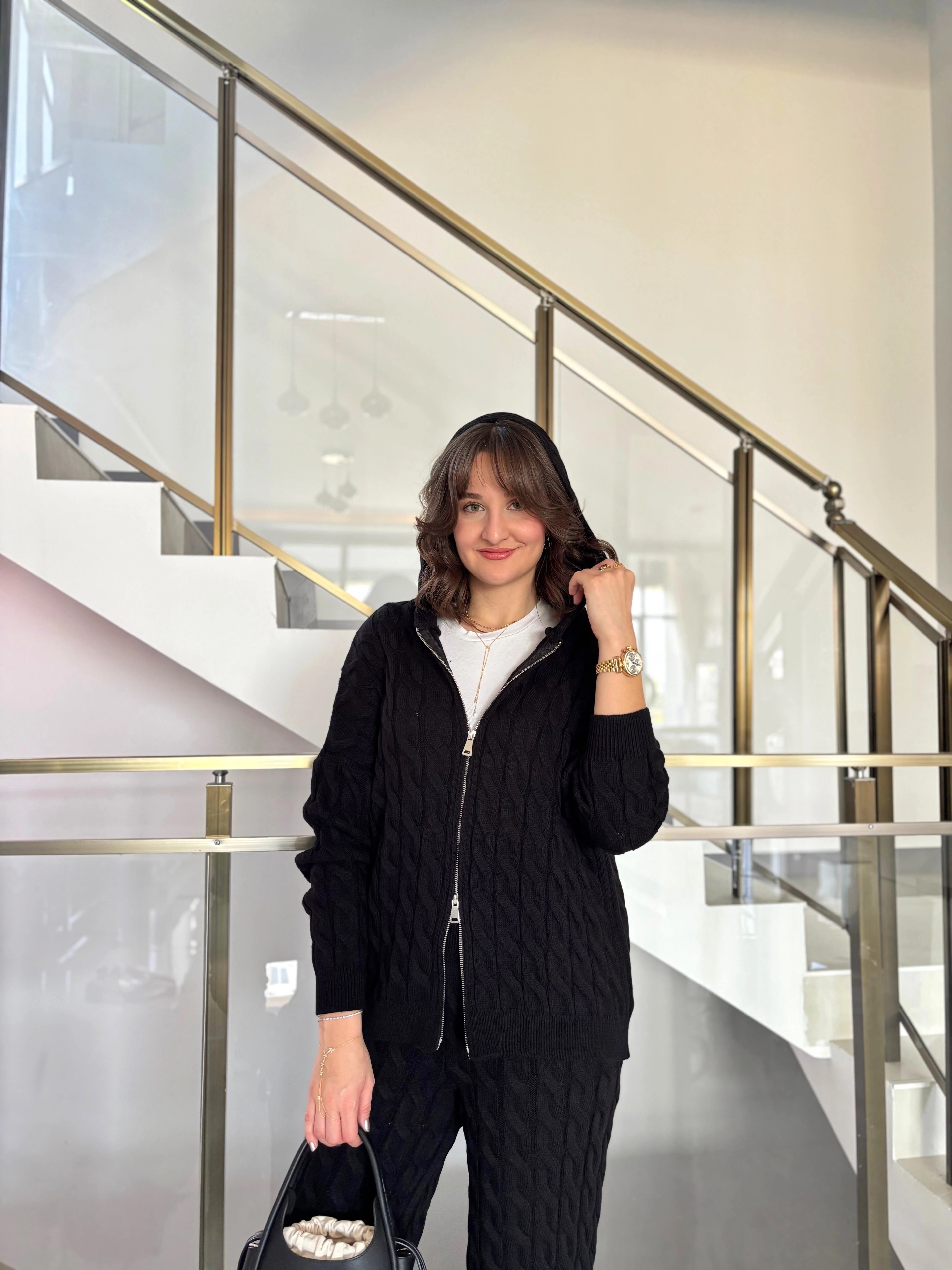 Çift Fermuarlı Saç Örgü Triko Takım