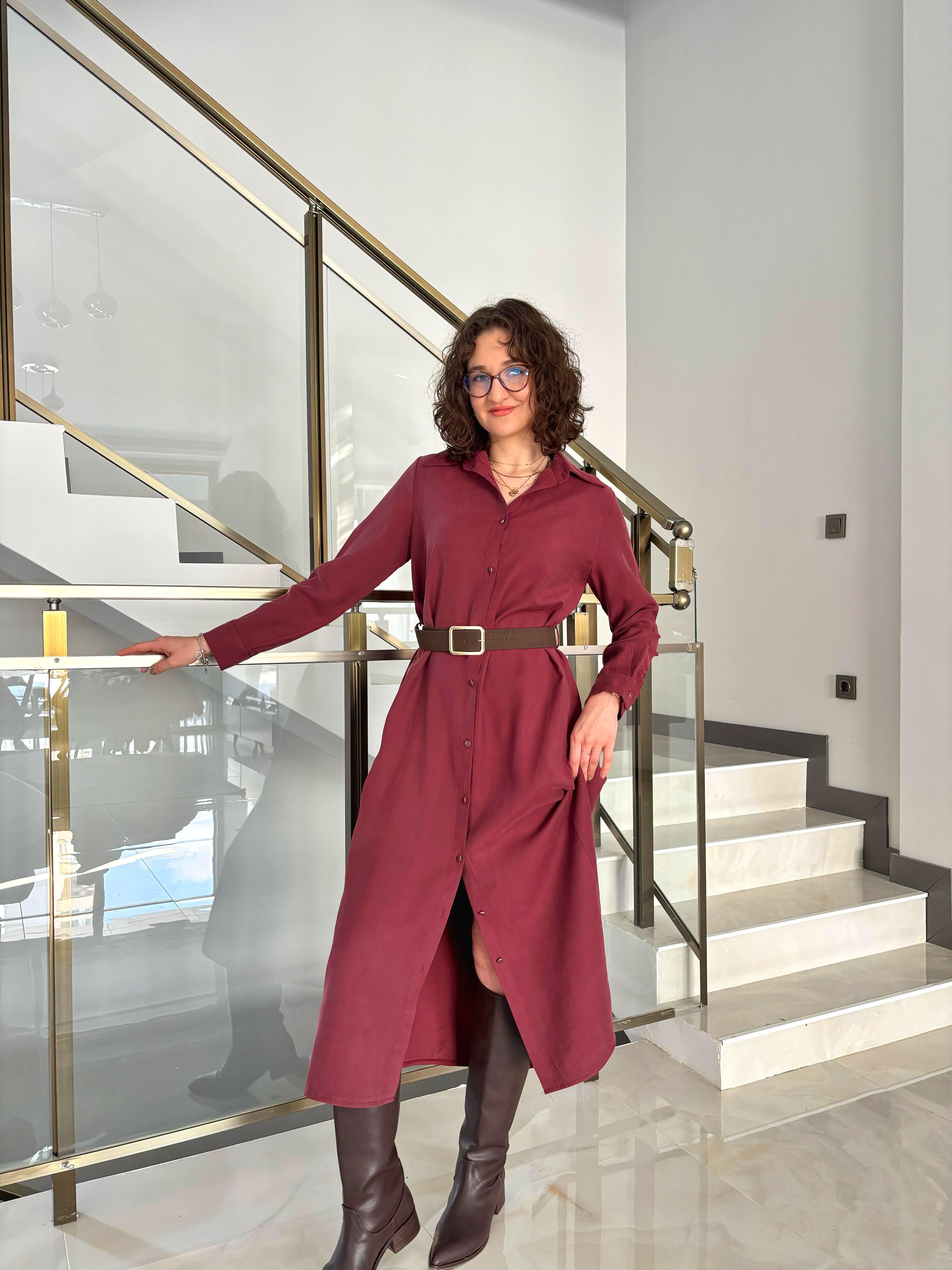 Bordo Modal Kumaş Süet Kemerli Elbise