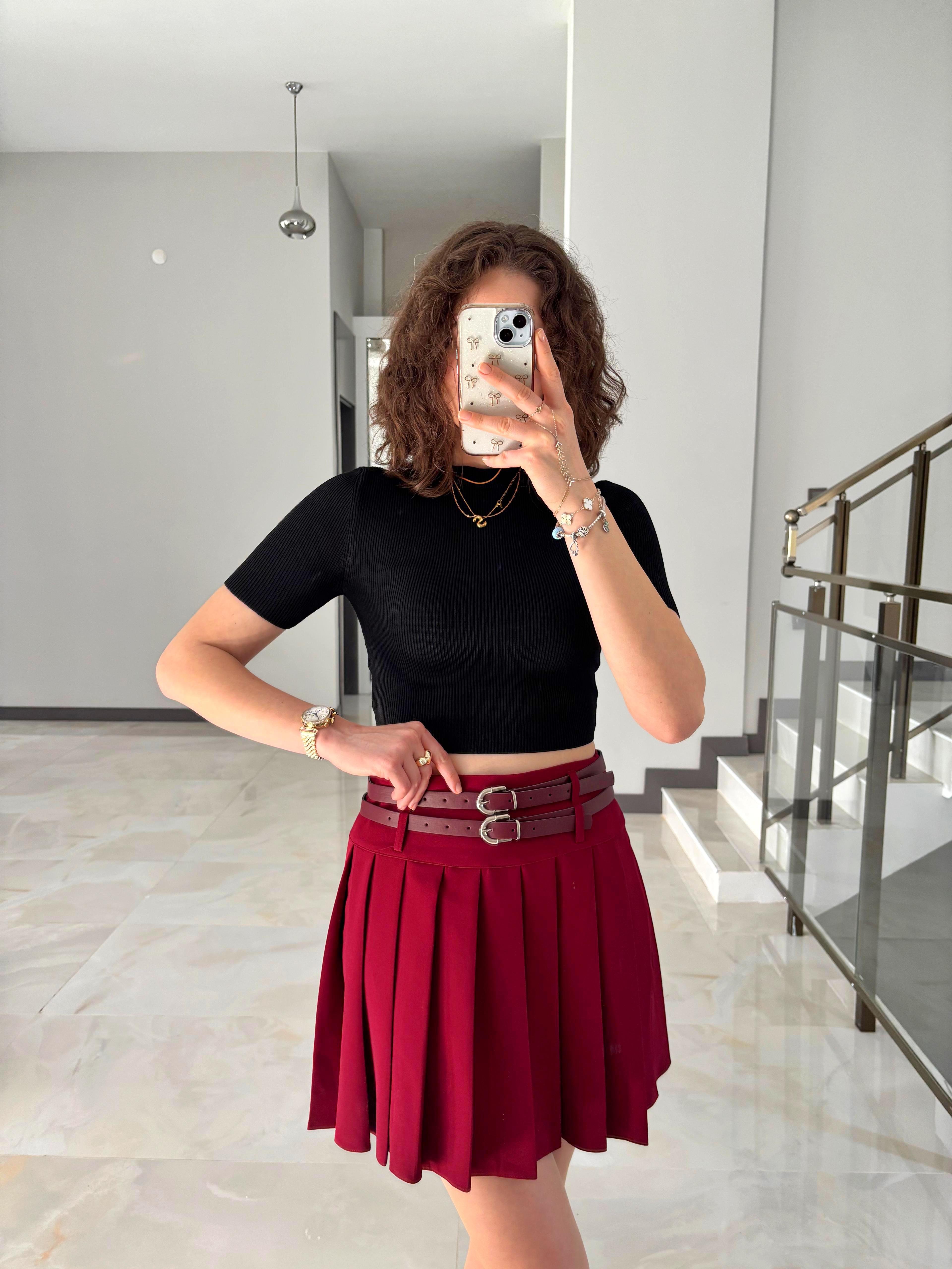 Çift Kemerli Pileli Etek