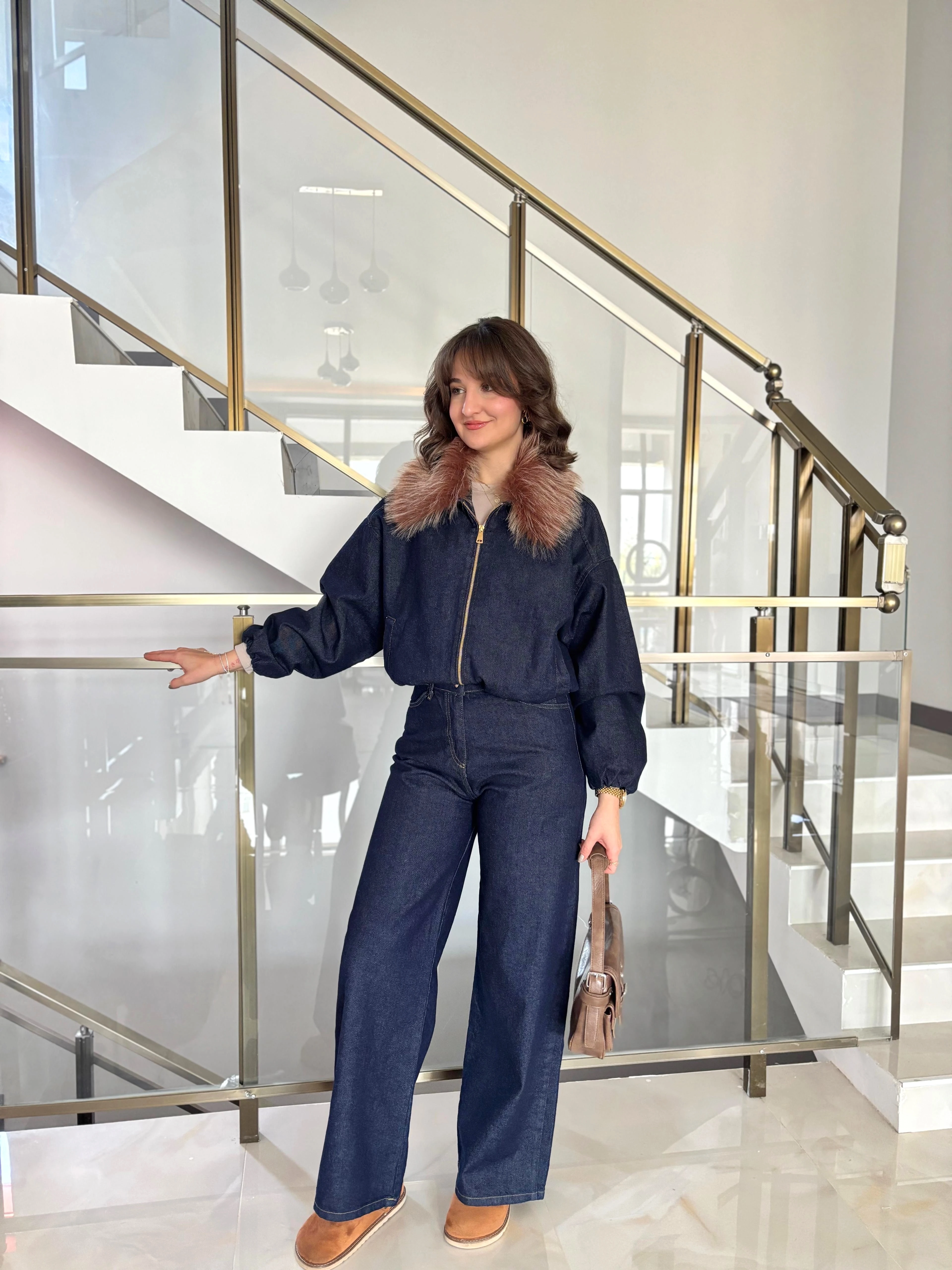 Yakası Kürklü Denim Ceket Pantolon Takım