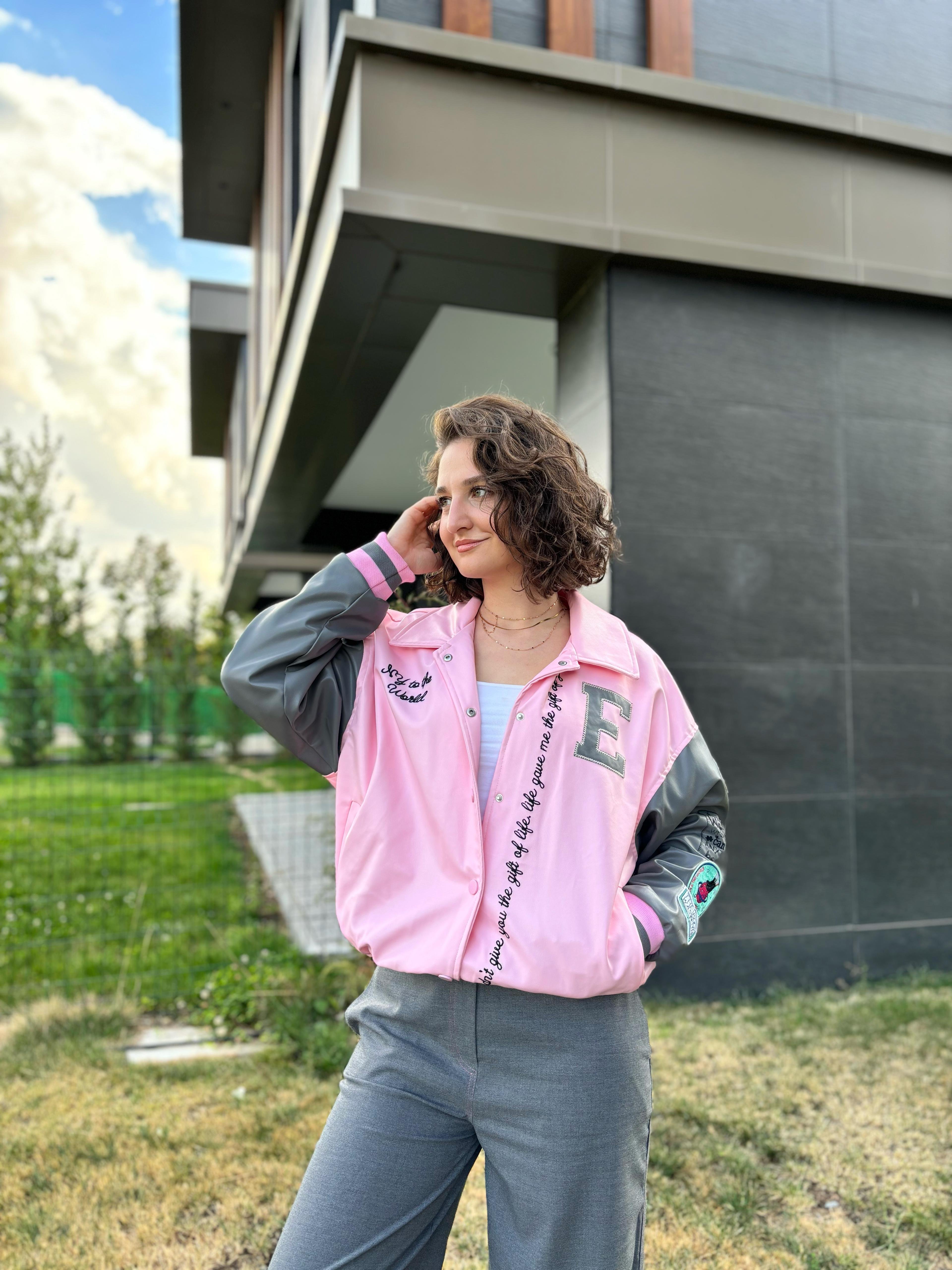 Pembe Bomber Deri Ceket