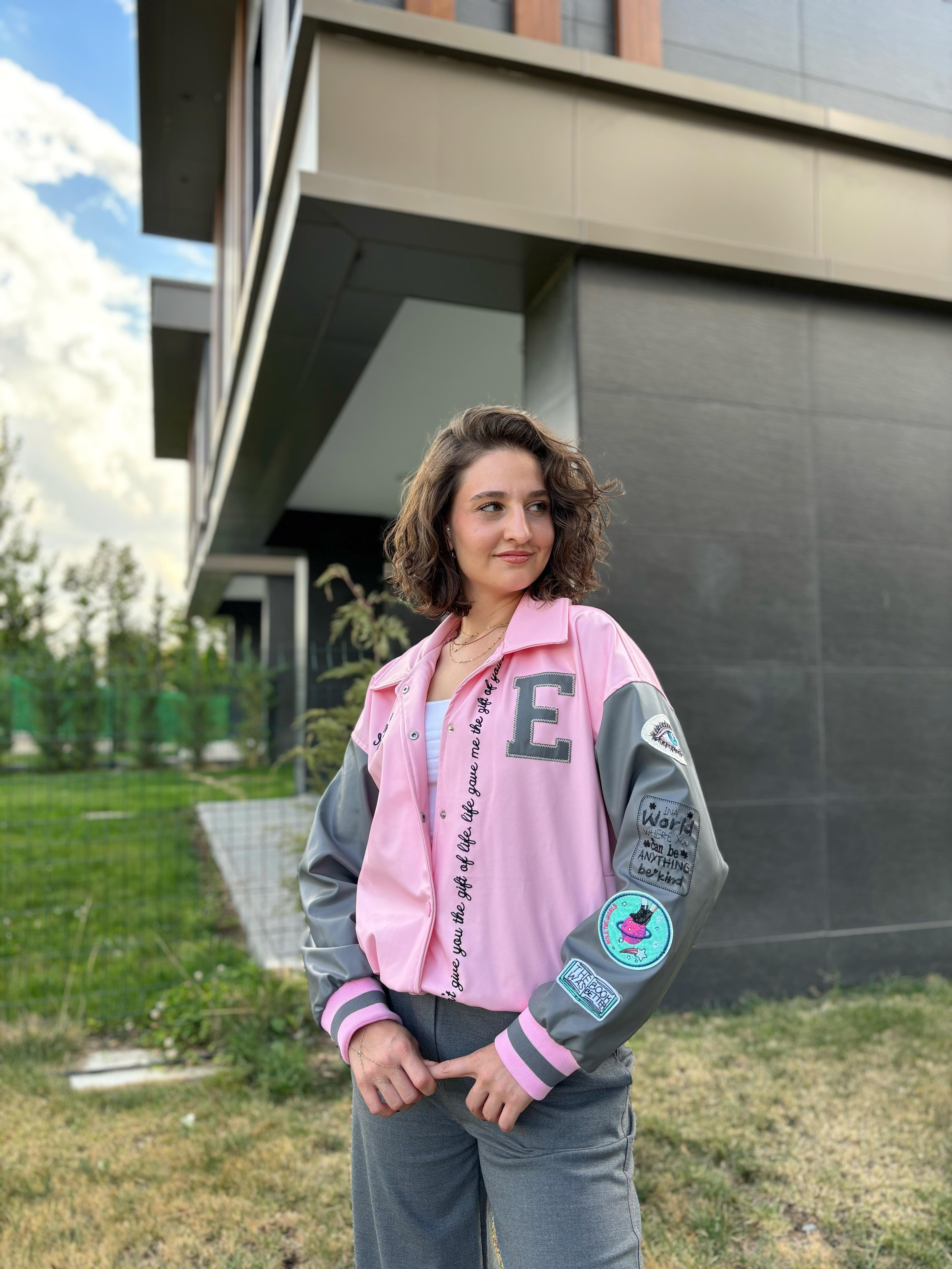 Pembe Bomber Deri Ceket