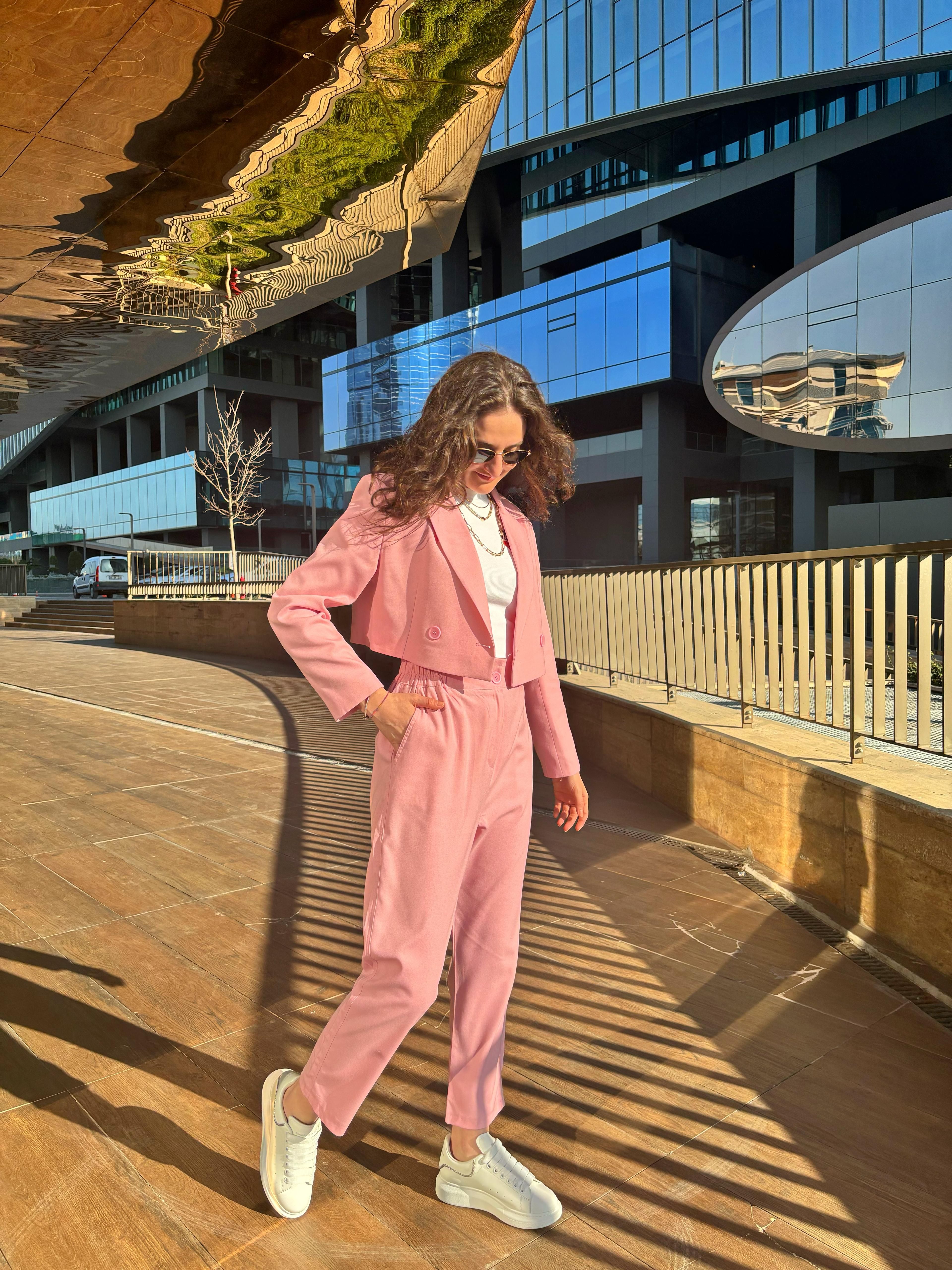 Kruvaze Crop Blazer Ceket Ve Pantolon Takım