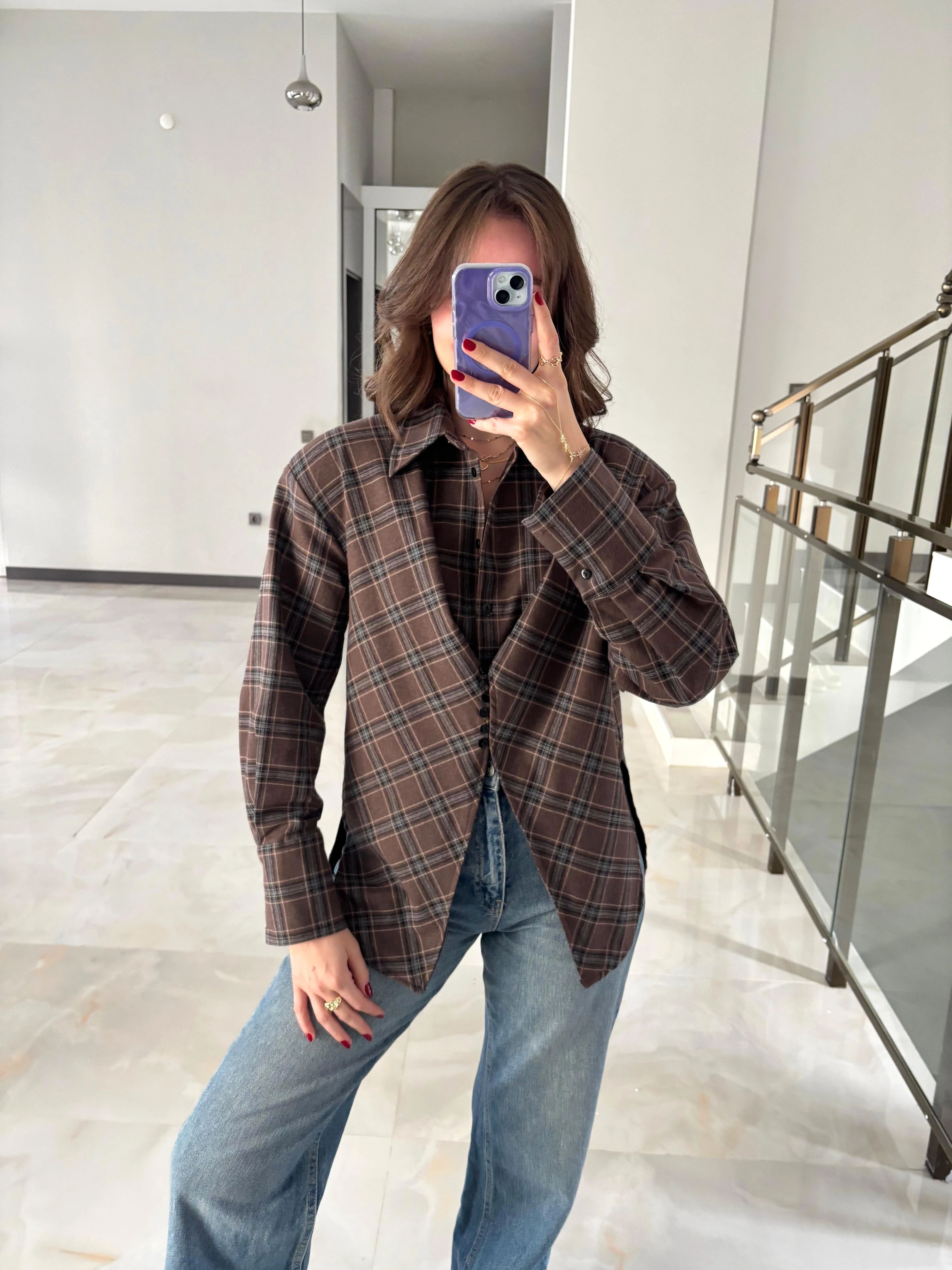 Ekoseli Asimetrik Detaylı Vatkalı Gömlek