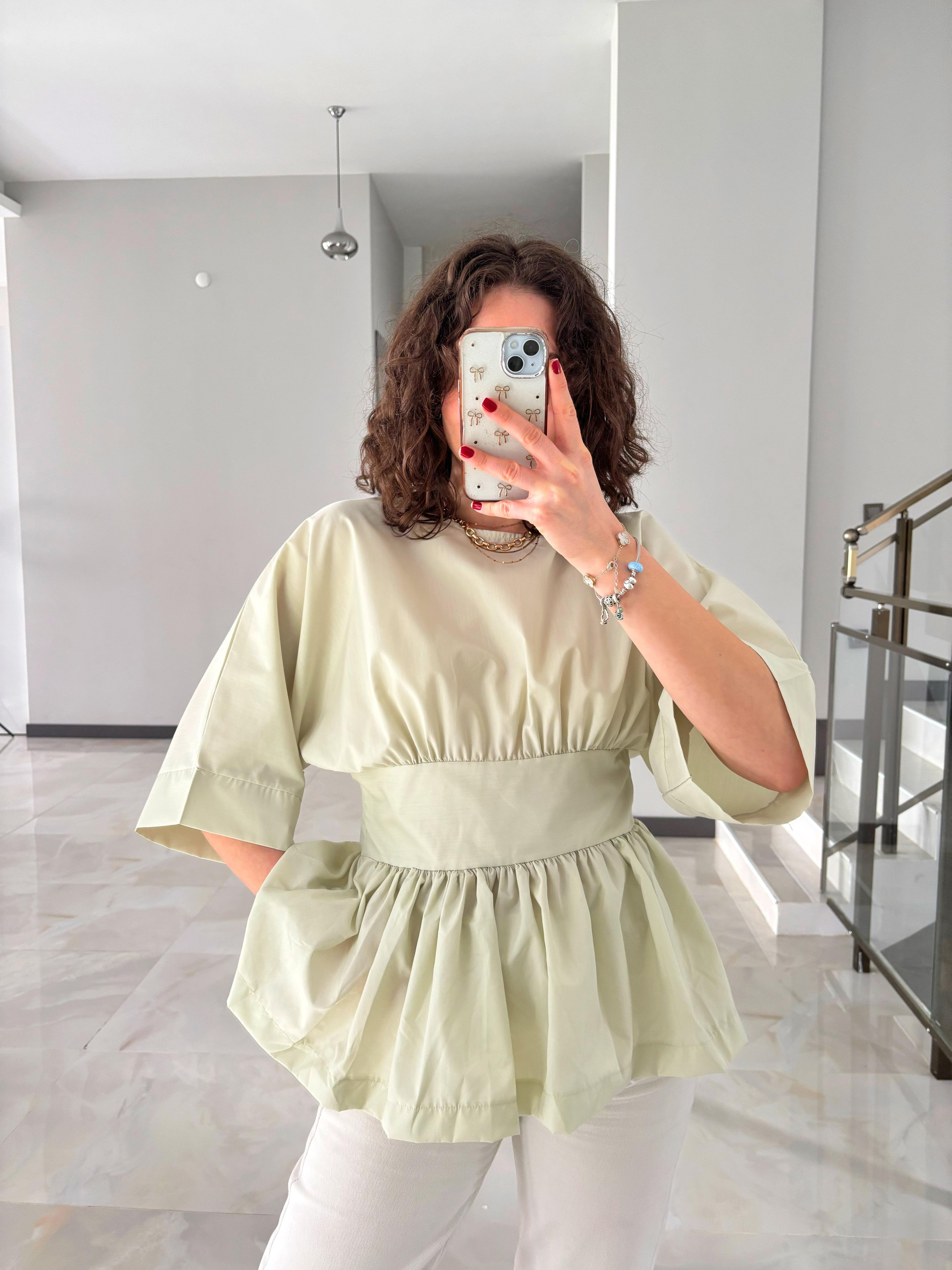 Beli Şeritli Tasarım Pinterest Gömlek - Çağla Yeşili