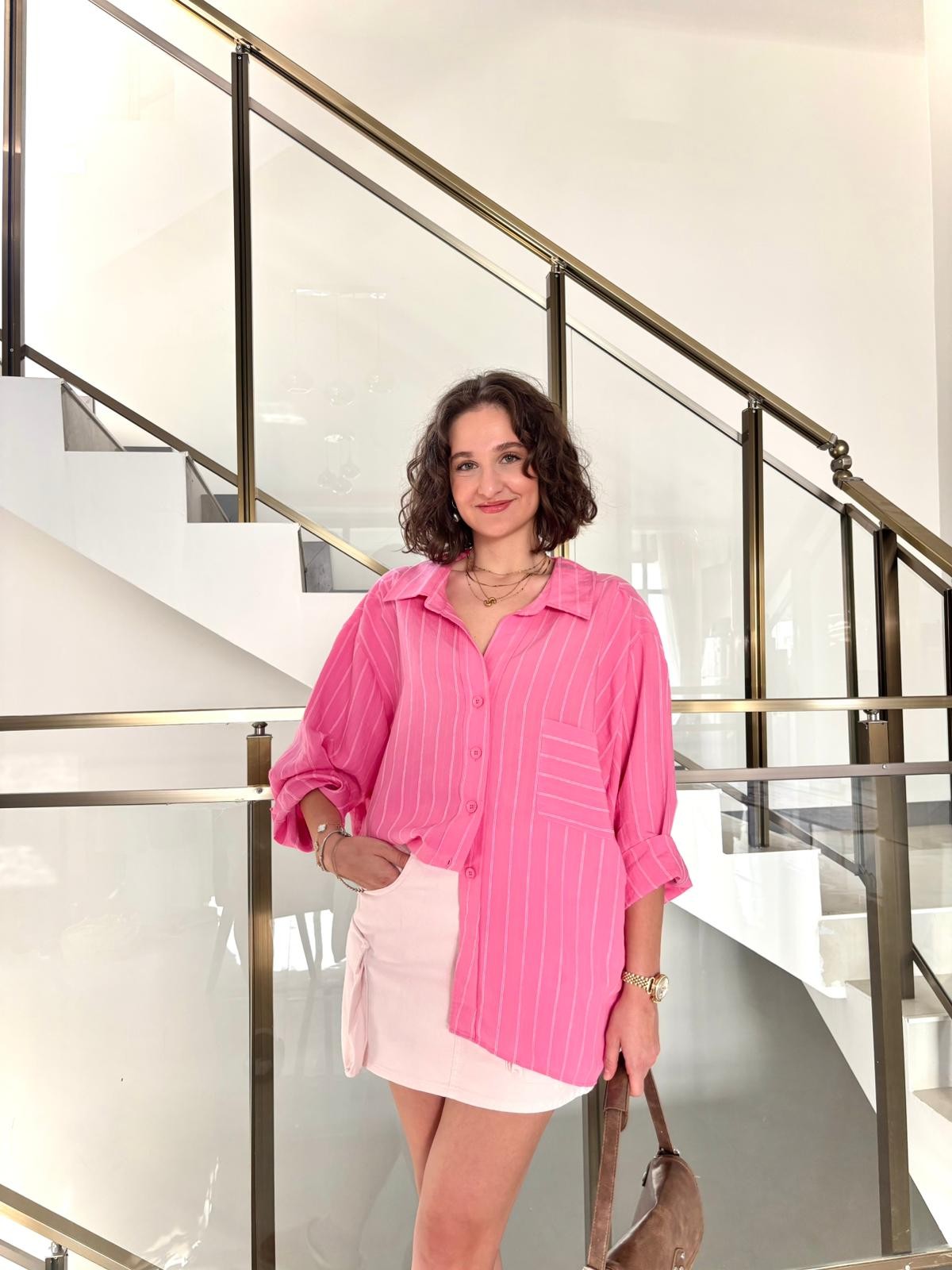 İnce Çizgi Detaylı Oversize Gömlek Ekru - Pembe