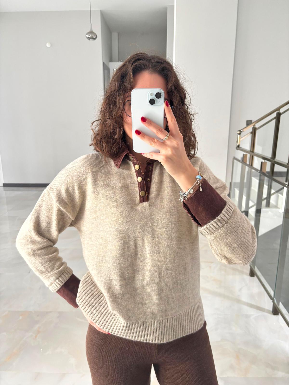 Jean Detaylı Polo Yaka Triko - Bej