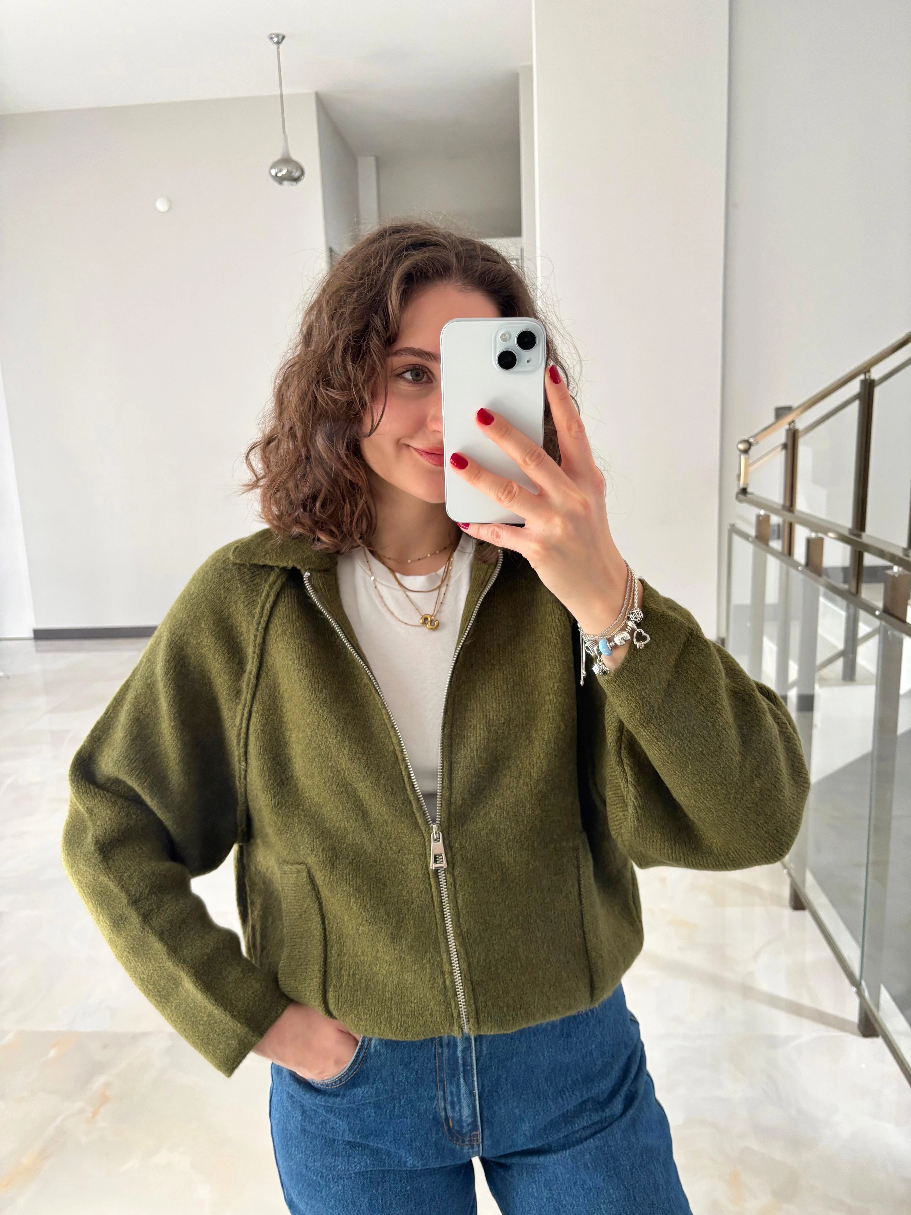 Yakalı Fermuarlı Triko Hırka - Yağ Yeşili