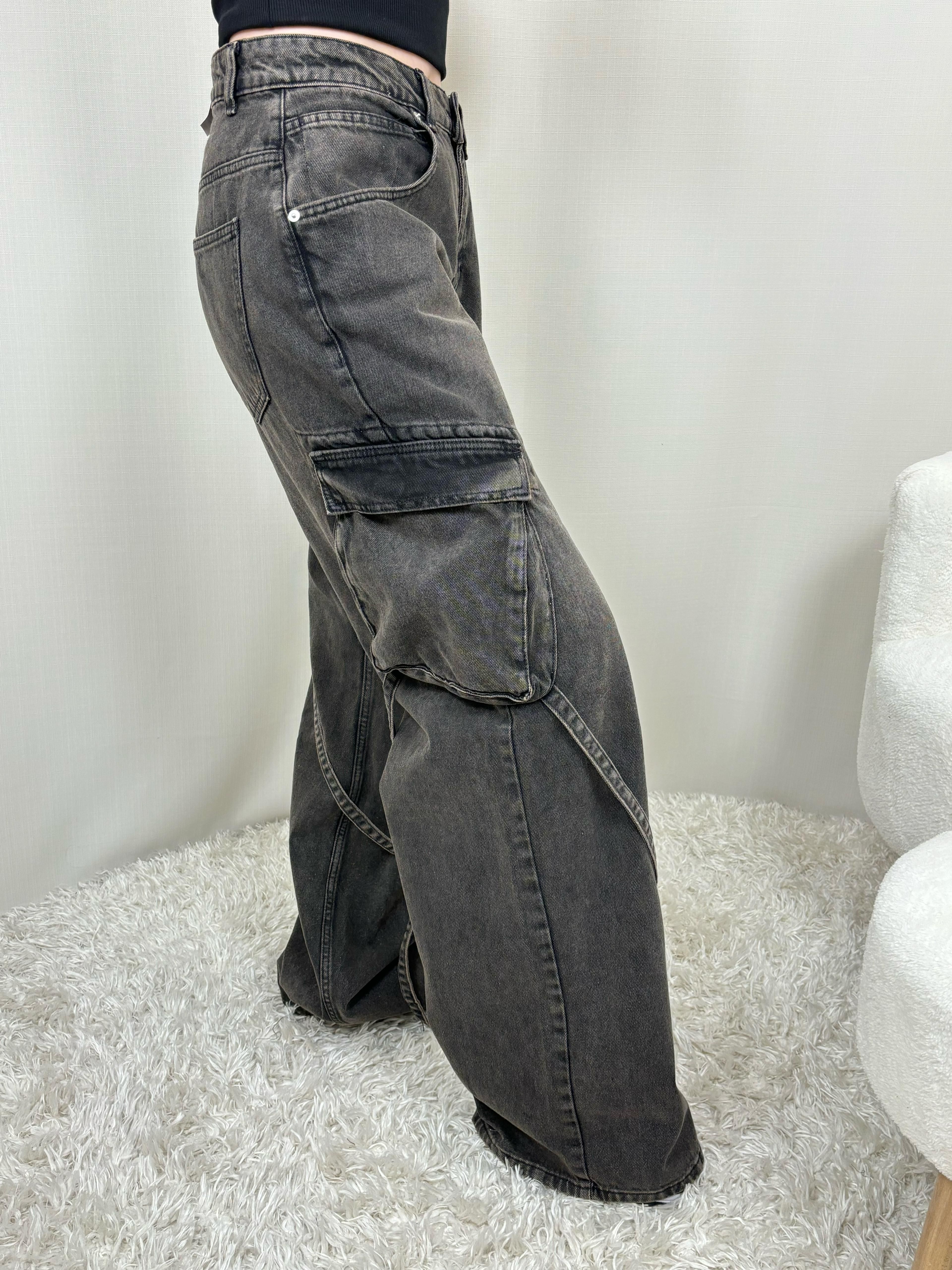 Oversize Cepli Kahve Eskitme Süper Wide Leg Jean