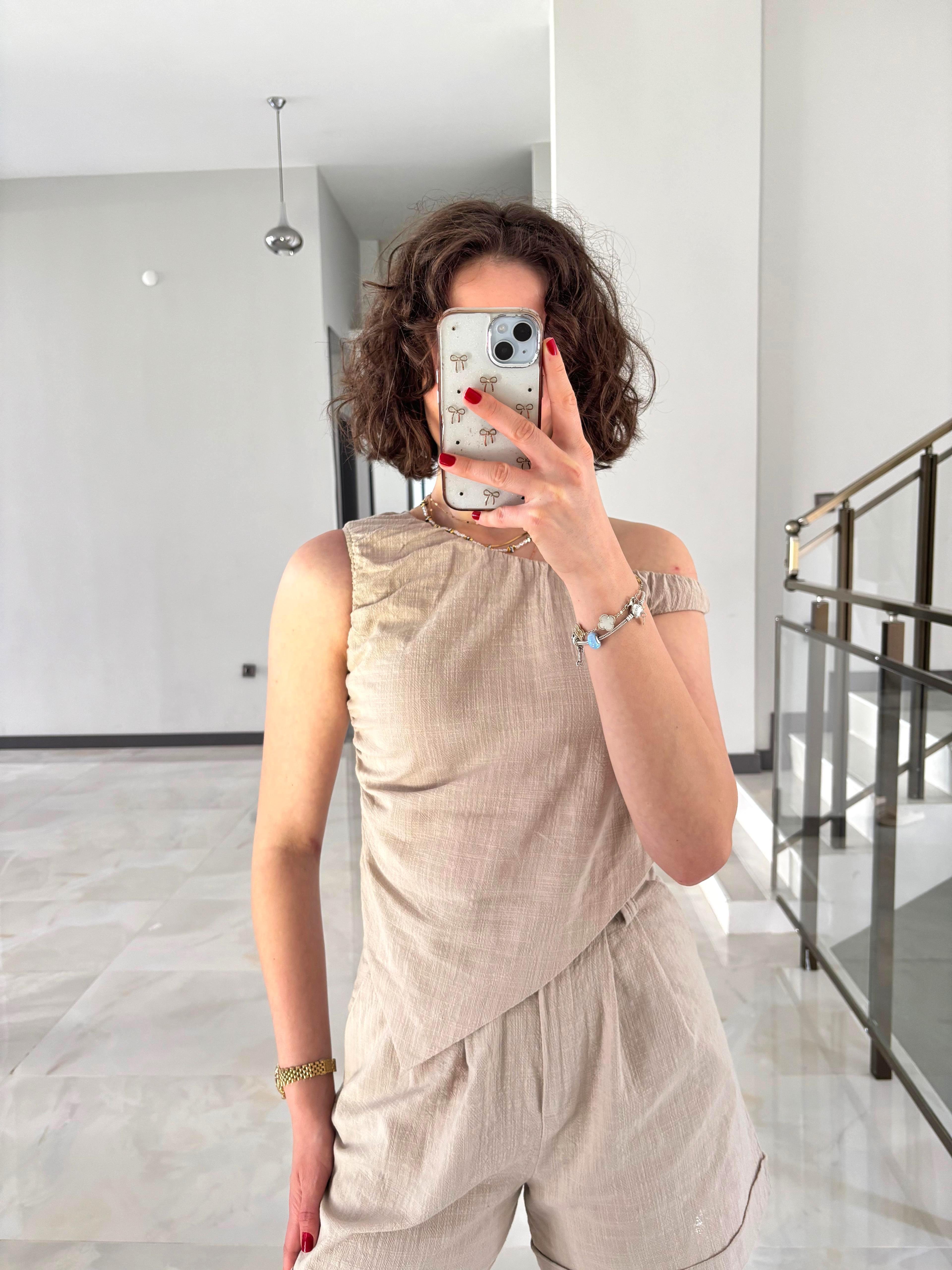 Asimetrik Bluz Şort Keten Takım