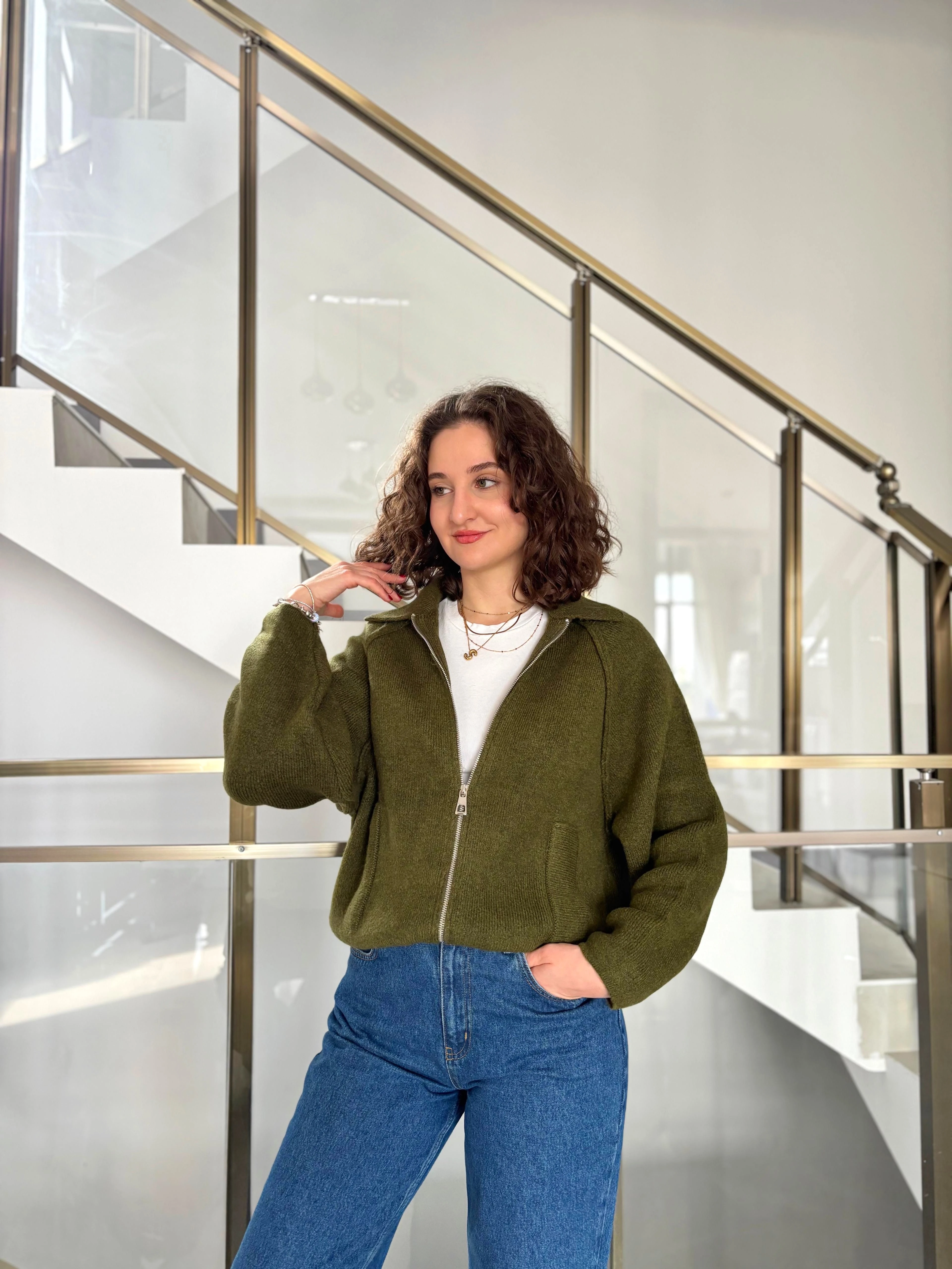 Yakalı Fermuarlı Triko Hırka