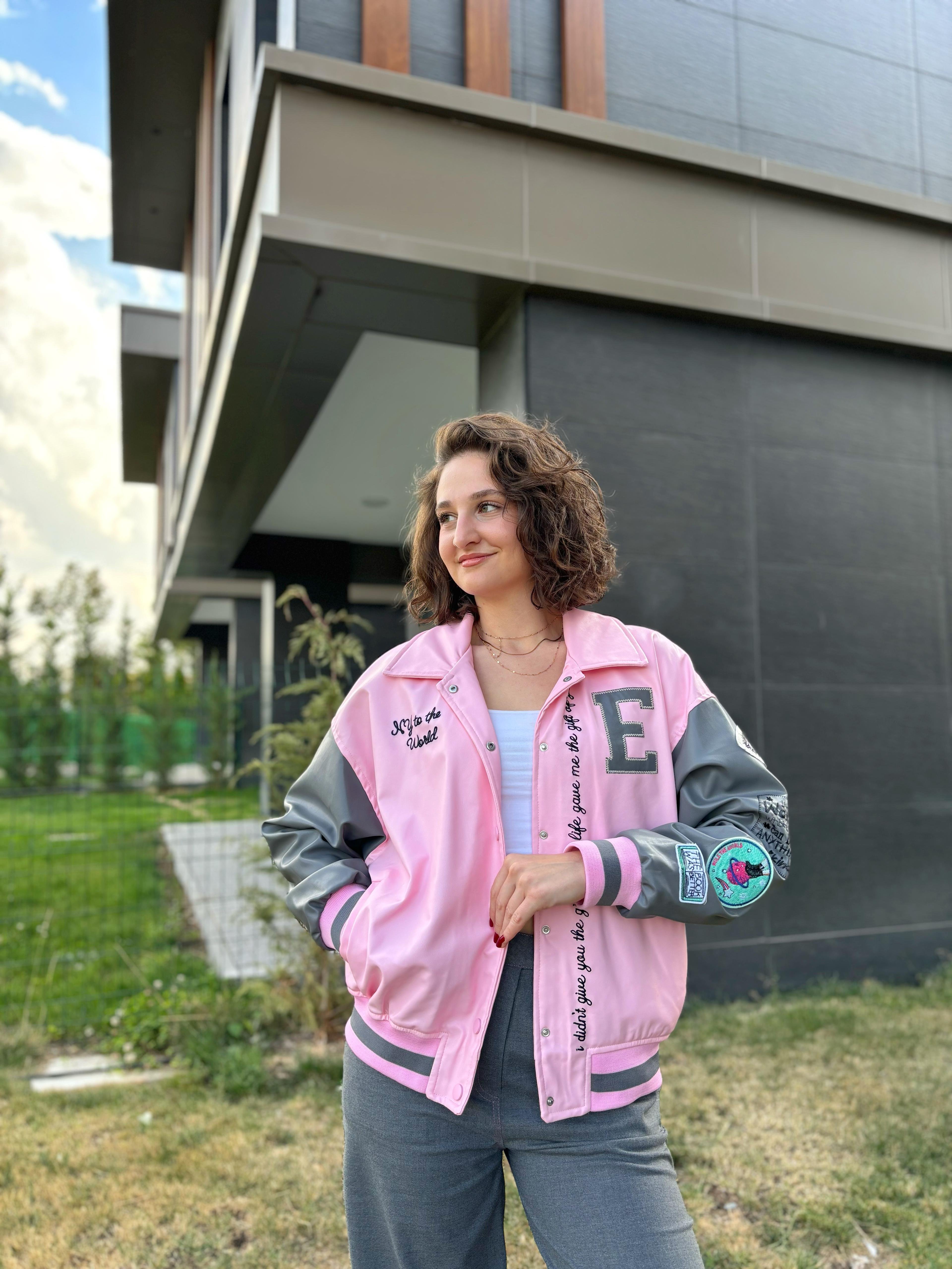 Pembe Bomber Deri Ceket