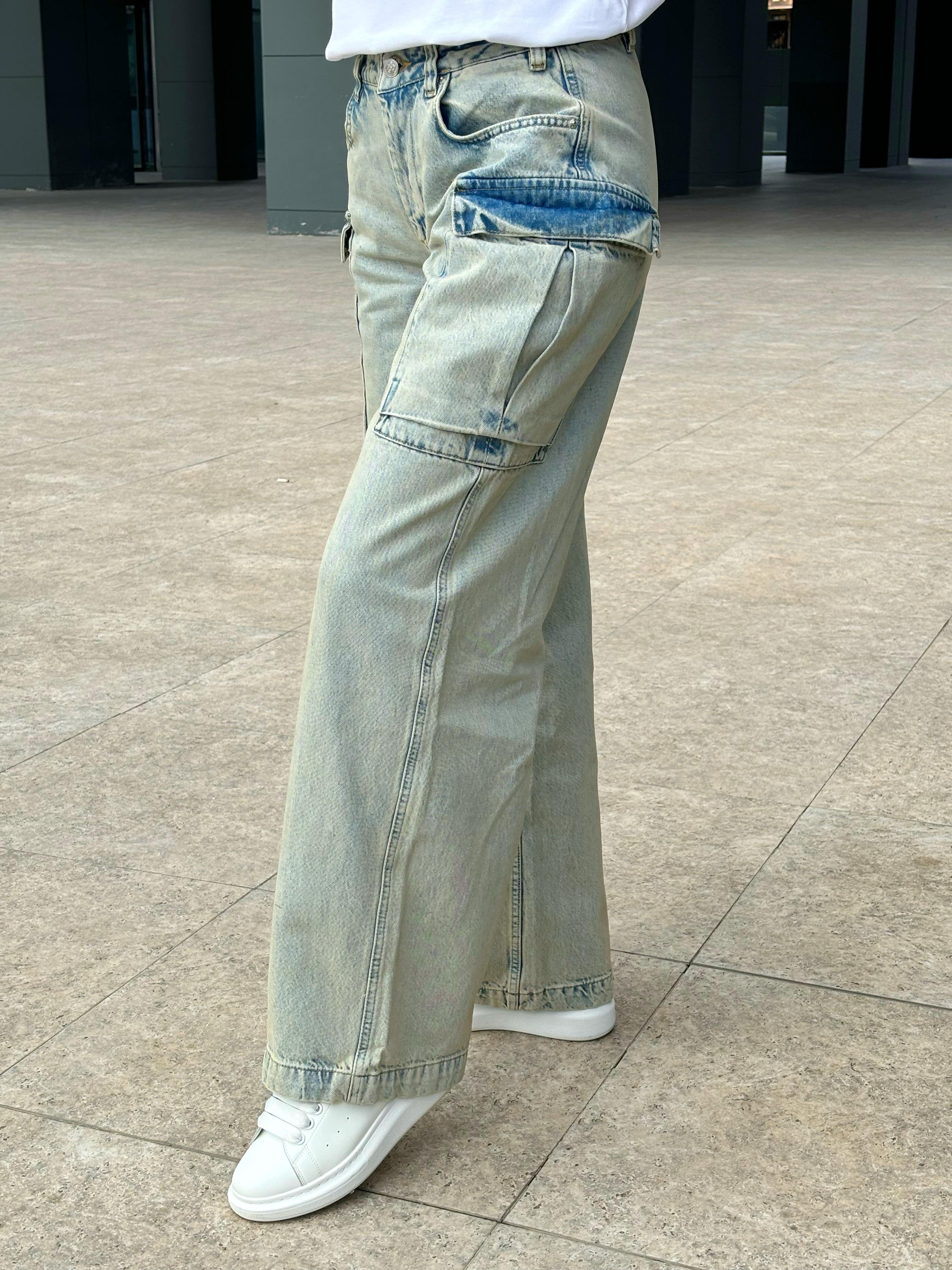 Eskitme Kargo Cepli Wide Leg Jean