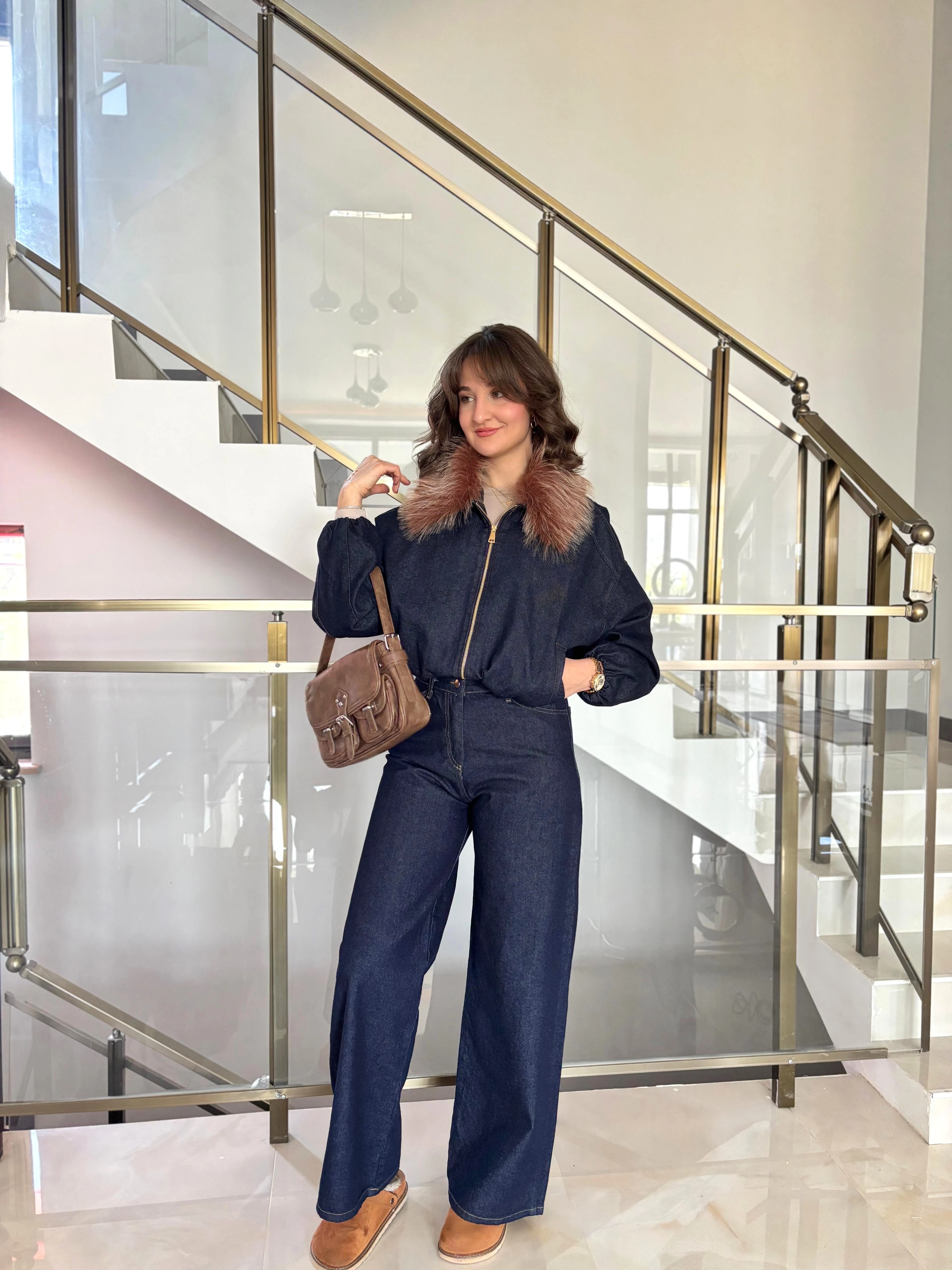 Yakası Kürklü Denim Ceket Pantolon Takım