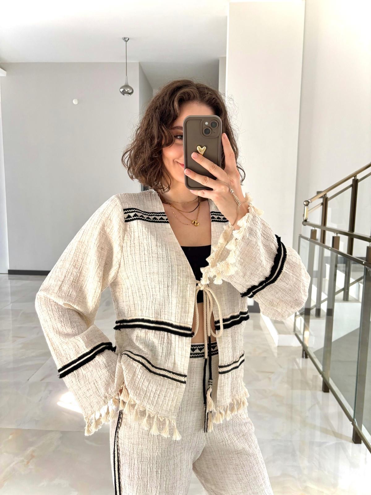 Püskül Detaylı Kimono Naturel Takım