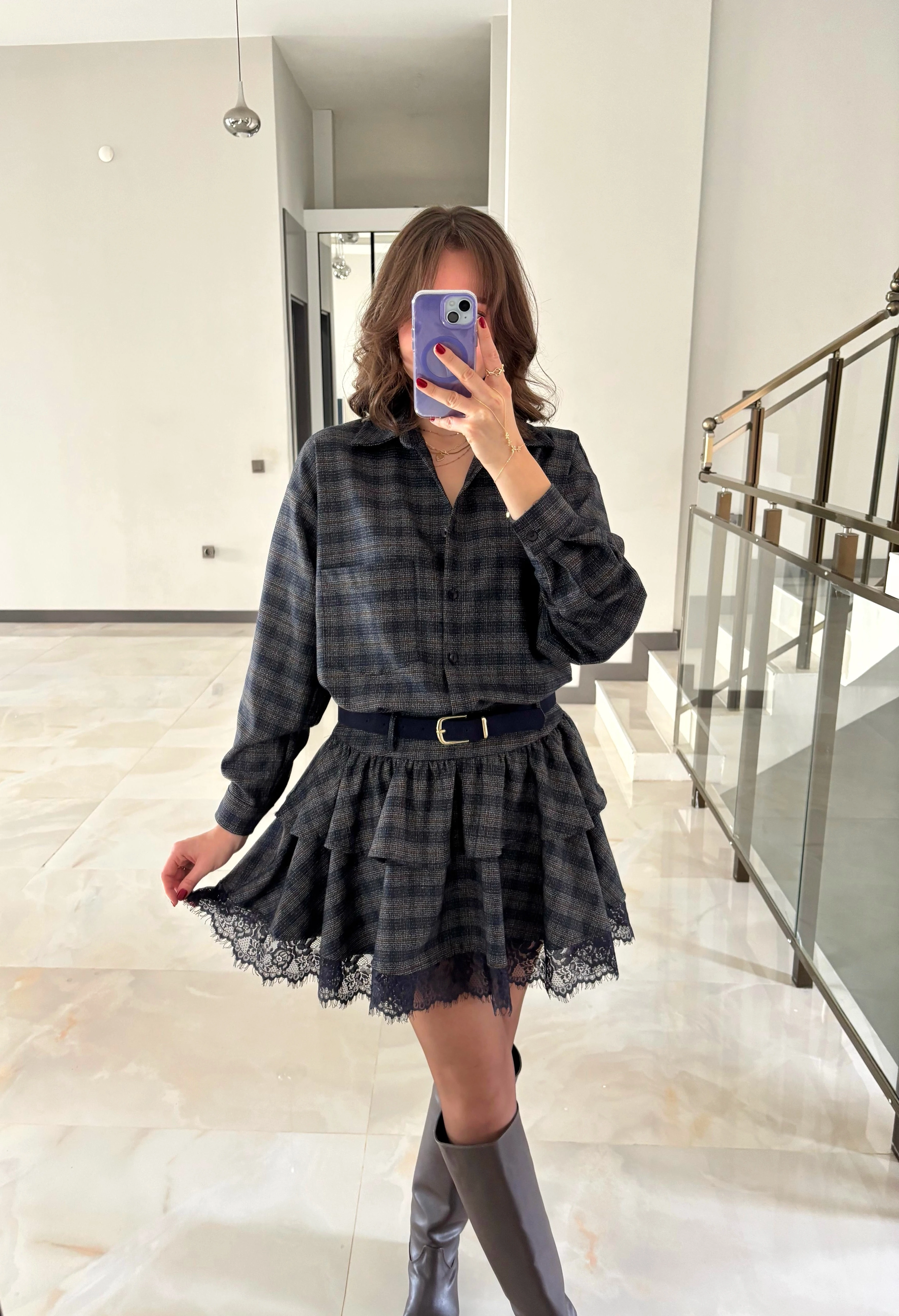 Dantel Detaylı Ekose Desen Etek Gömlek Takım