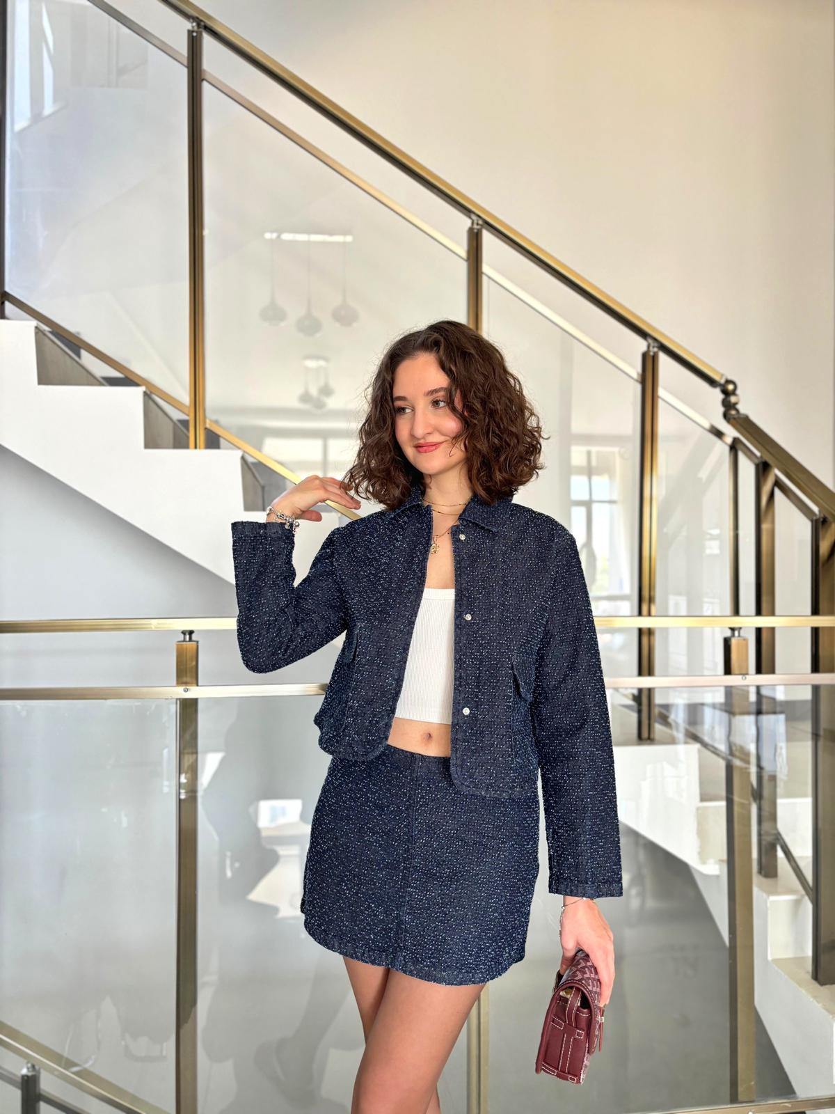 Kendinden Dokulu Denim Mini Etek Ceket Takım