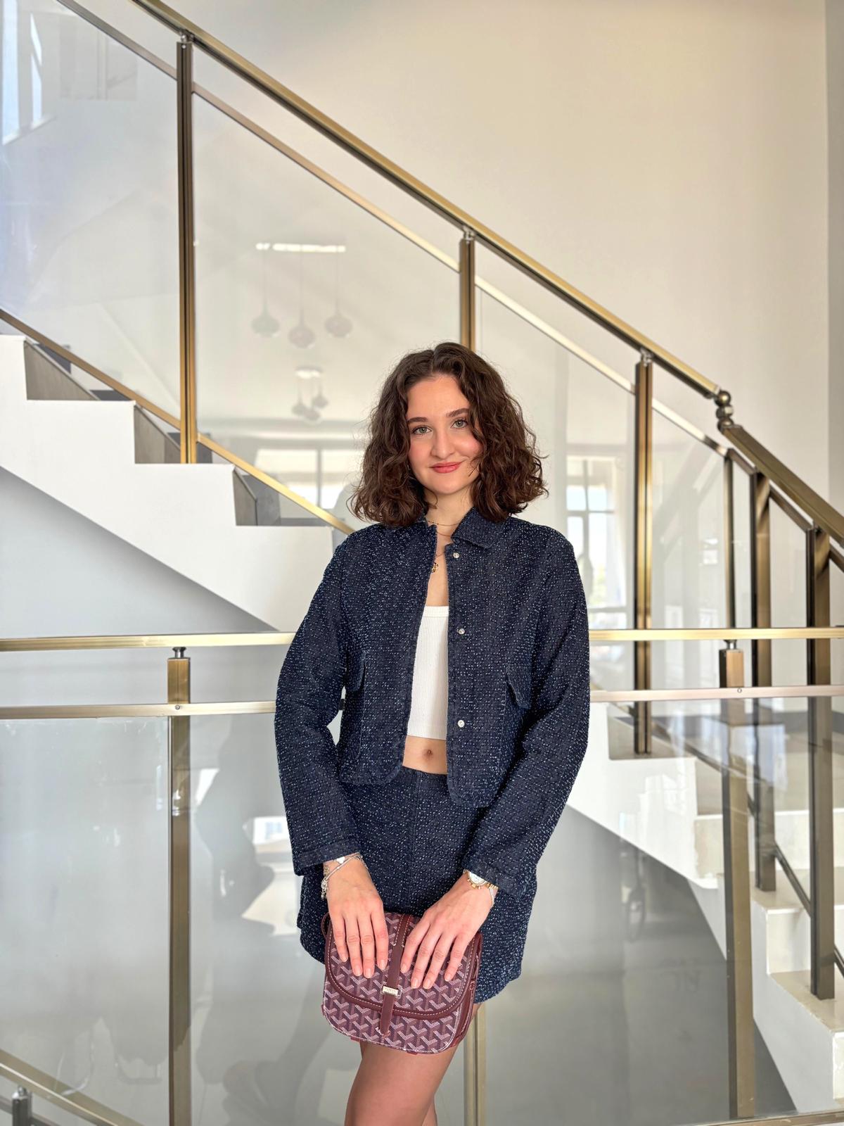 Kendinden Dokulu Denim Mini Etek Ceket Takım