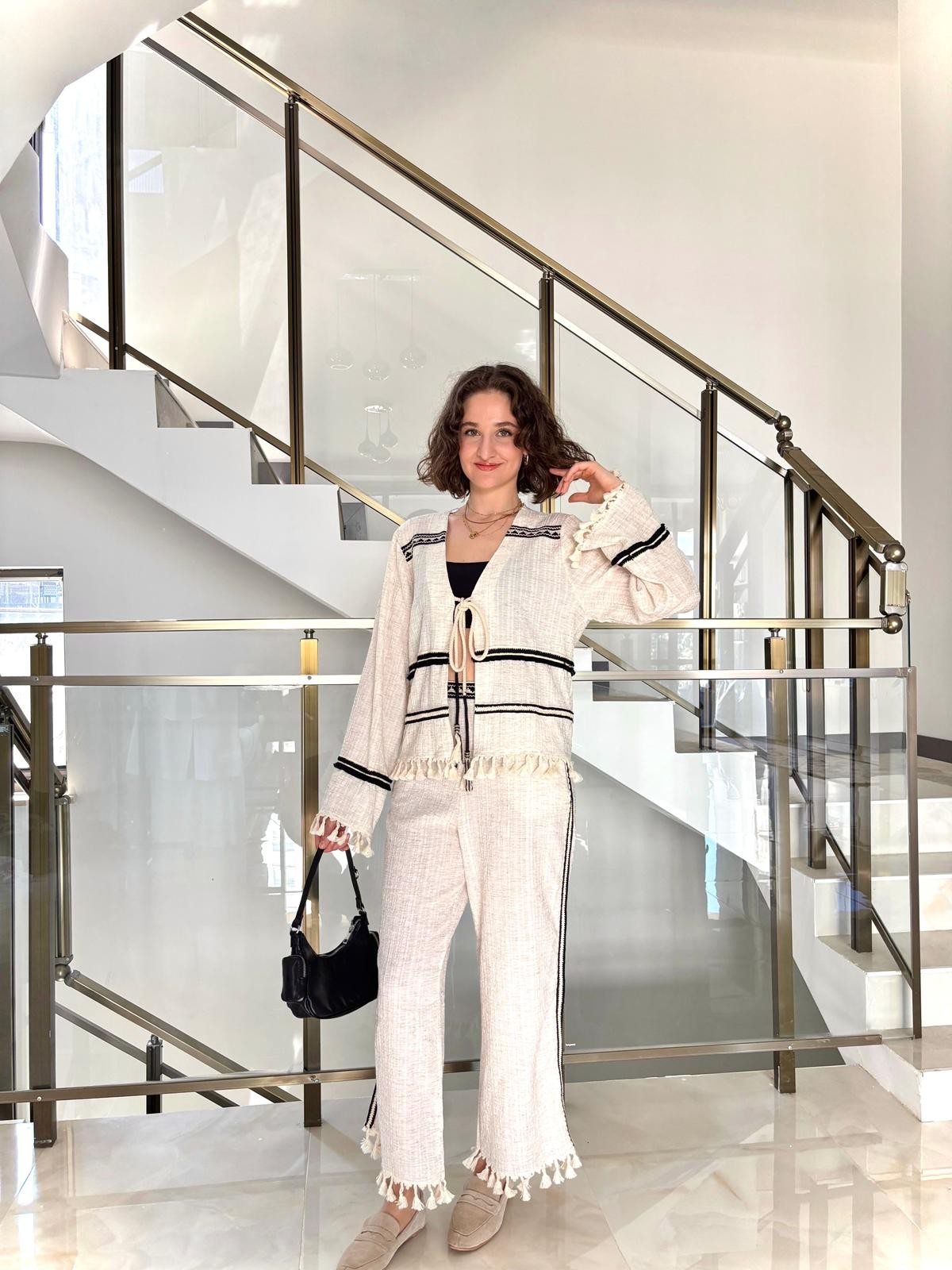 Püskül Detaylı Kimono Naturel Takım