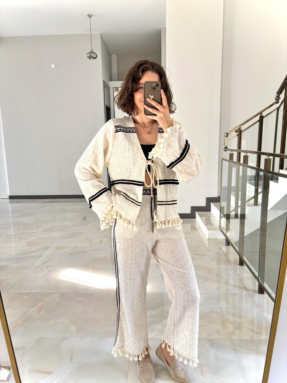 Püskül Detaylı Kimono Naturel Takım