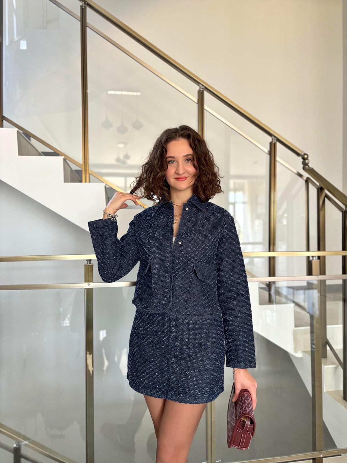 Kendinden Dokulu Denim Mini Etek Ceket Takım