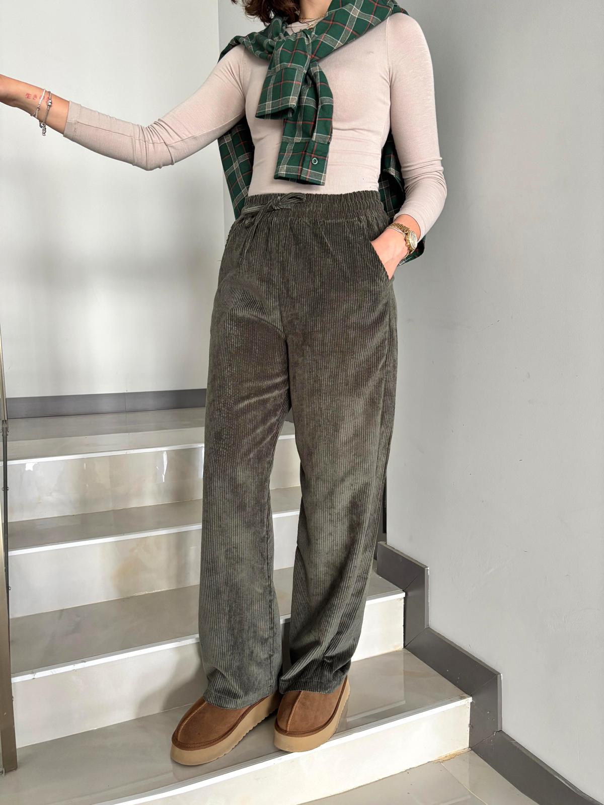 Beli Lastikli Fitilli Kadife Pantolon - Yeşil