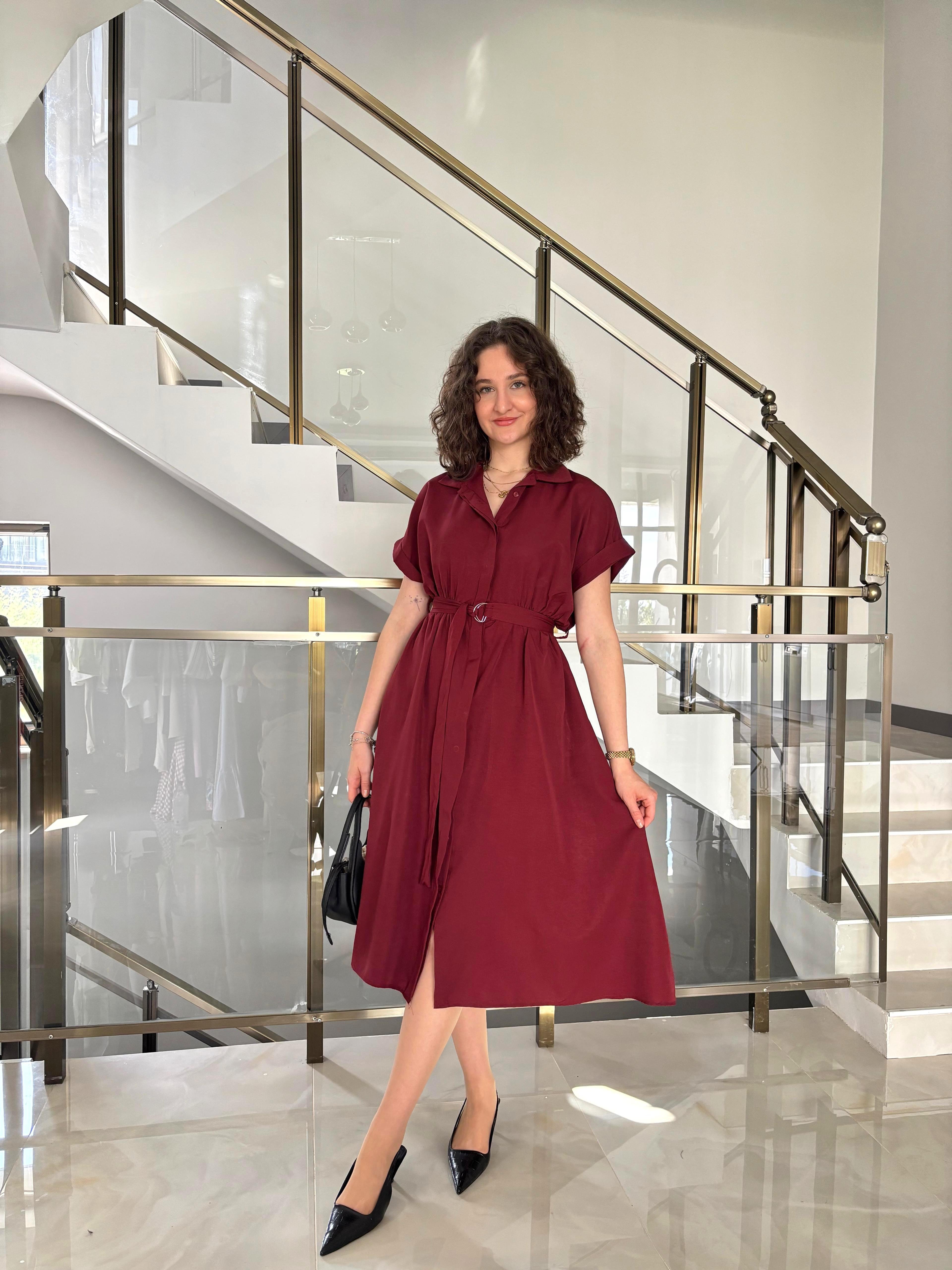 Yarasa Kol Kuşaklı Gömlek Elbise - Bordo