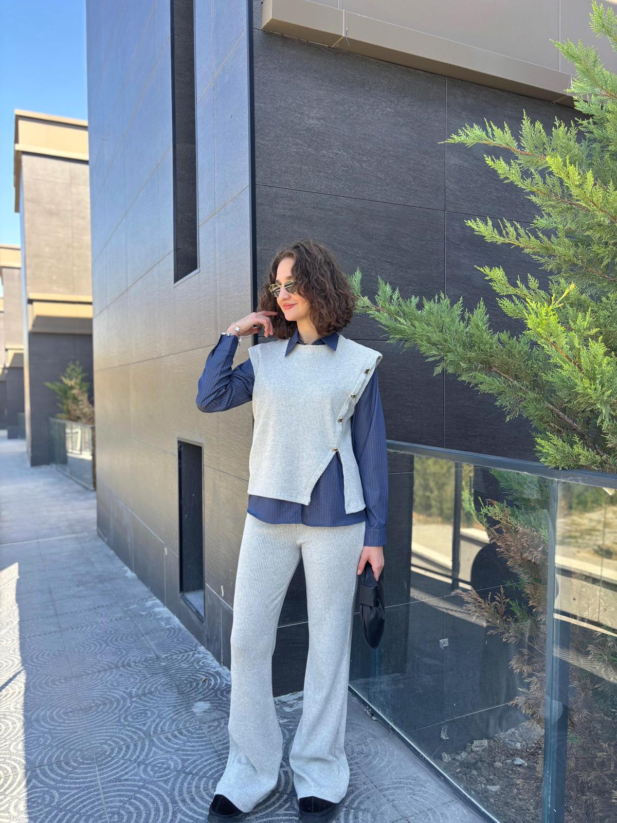 Gömlek Detaylı Üçlü Triko Takım