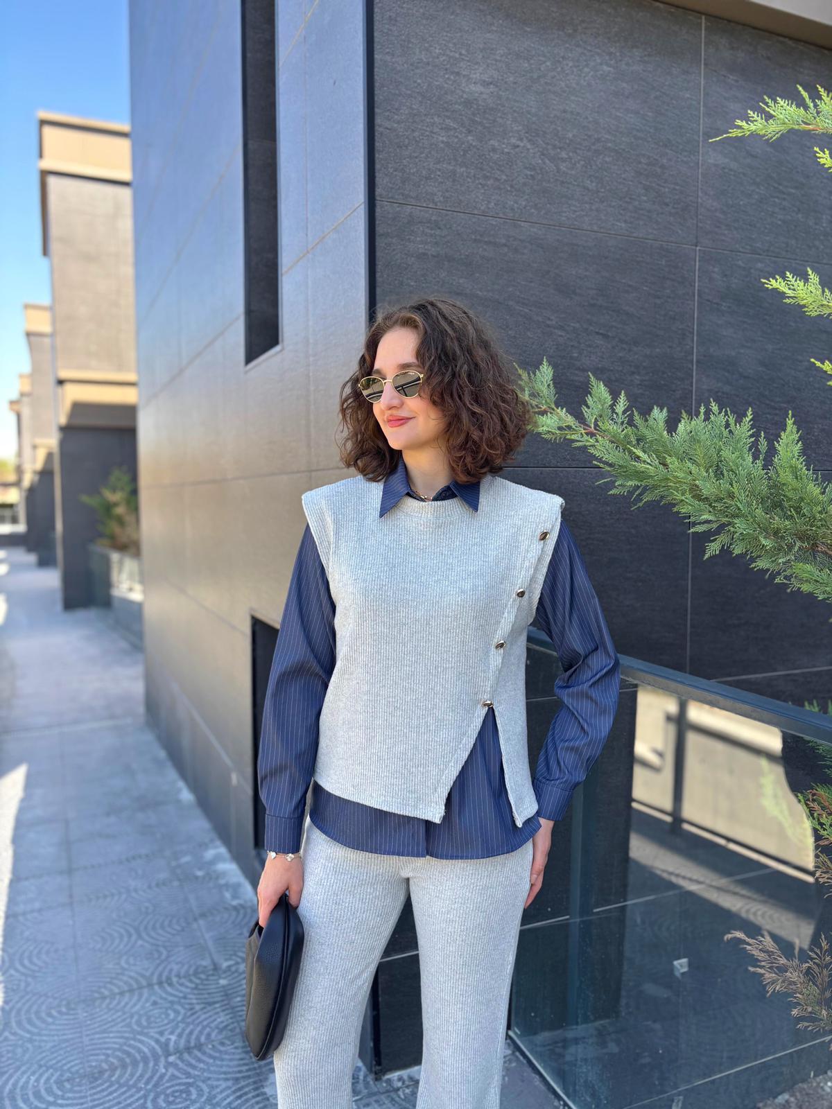 Gömlek Detaylı Üçlü Triko Takım