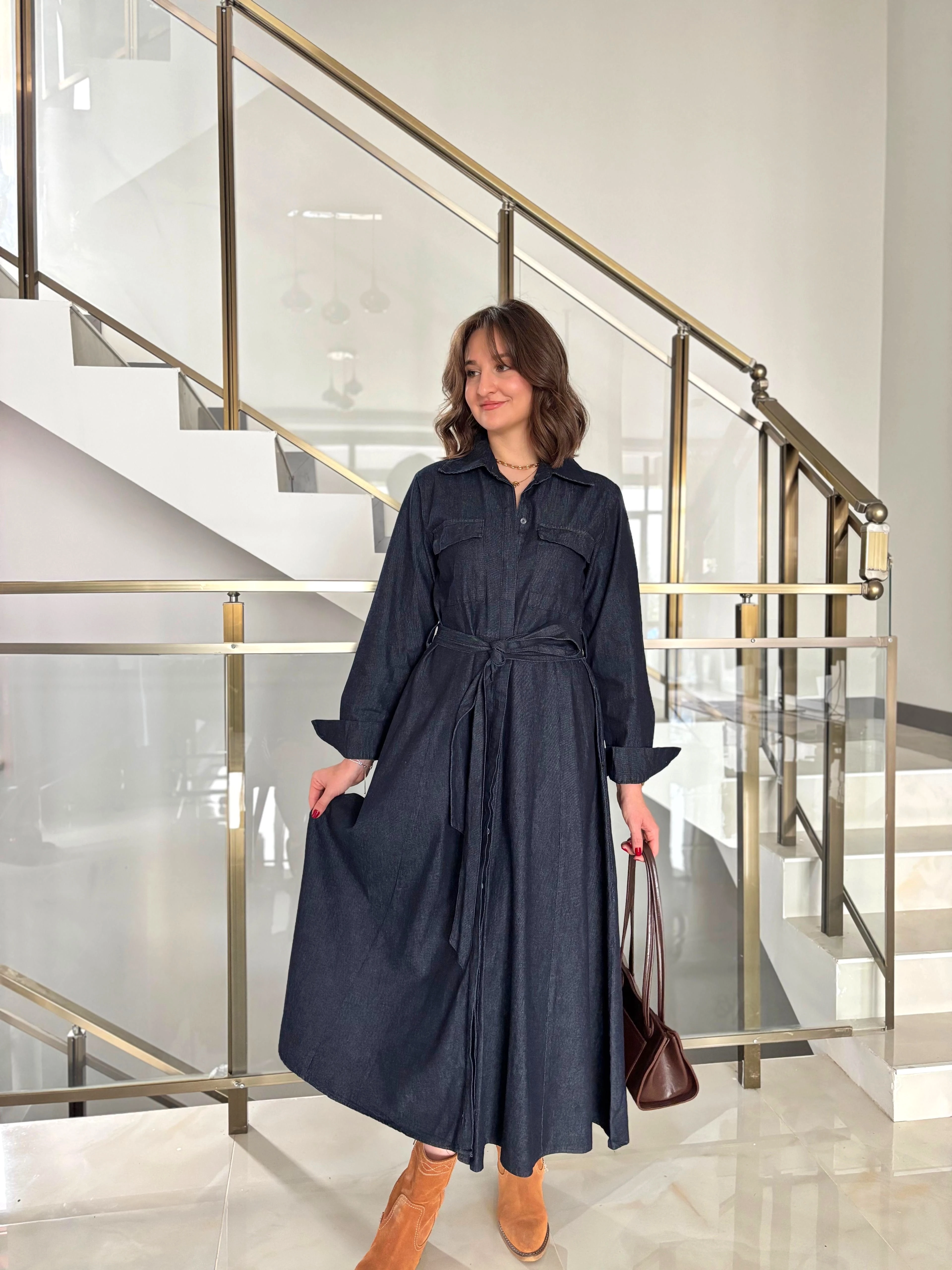 Kuşakli Midi Boy Denim Gömlek Elbise 