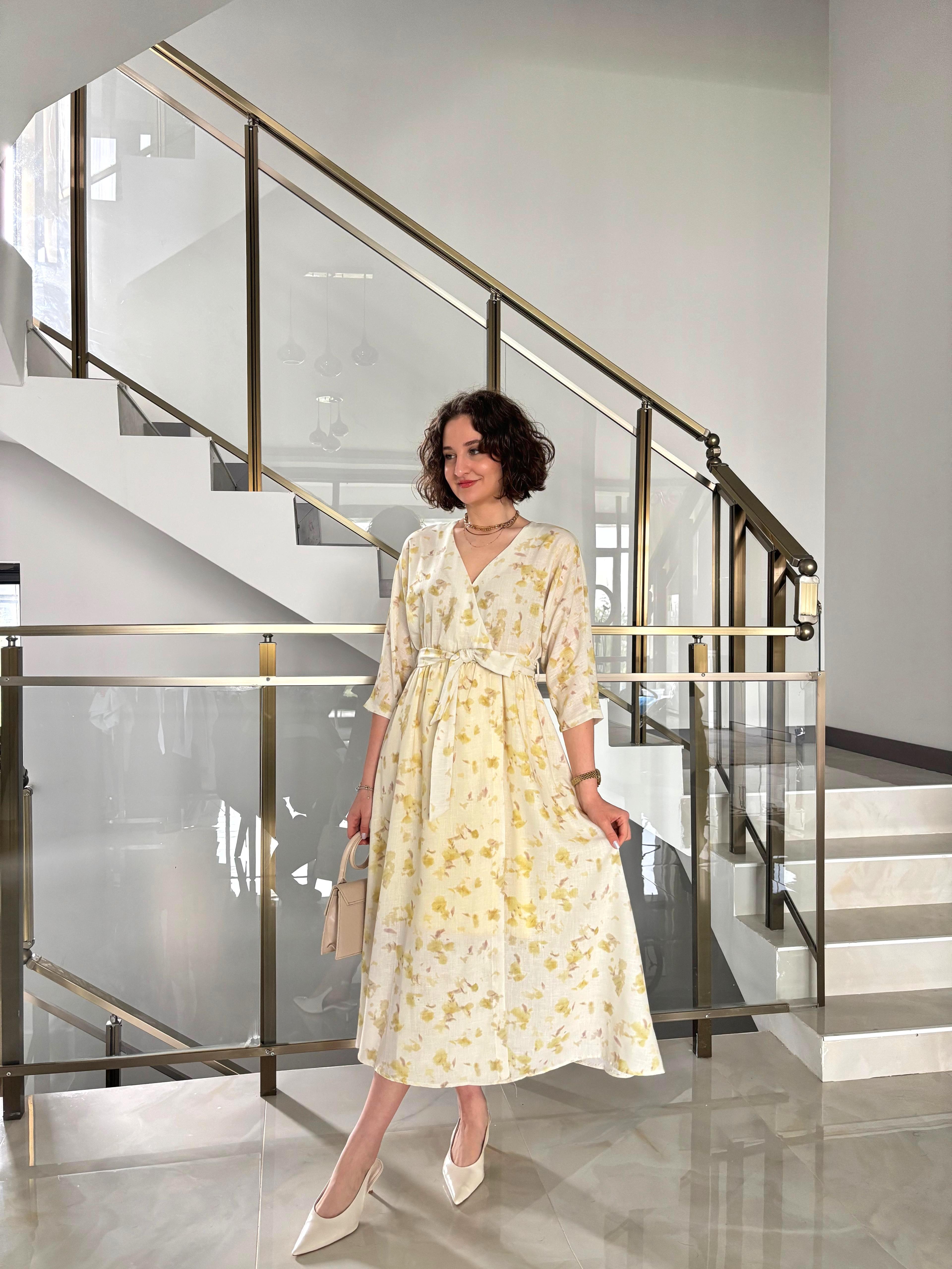 Desenli Kruvaze Astarlı Elbise (Mutlaka bir beden küçük tercih ediniz)