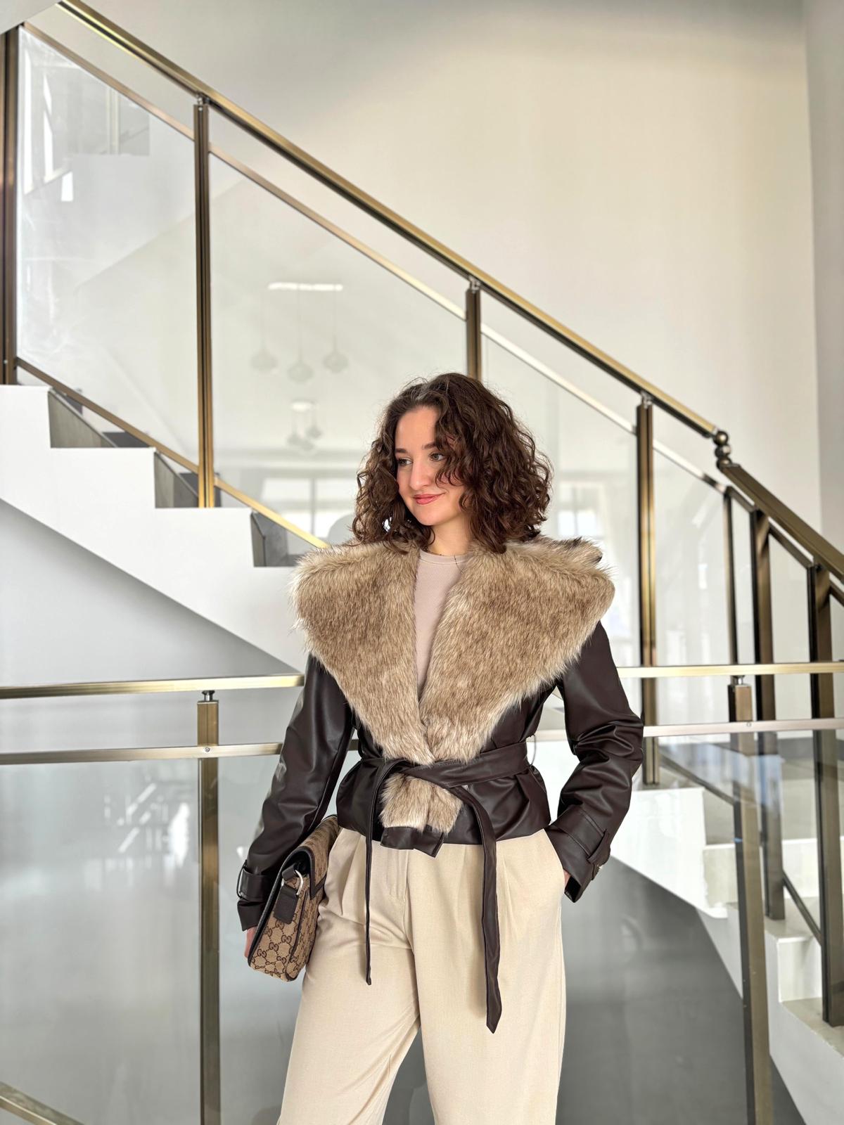 Premium Yakası Kürklü Kahve Deri Ceket