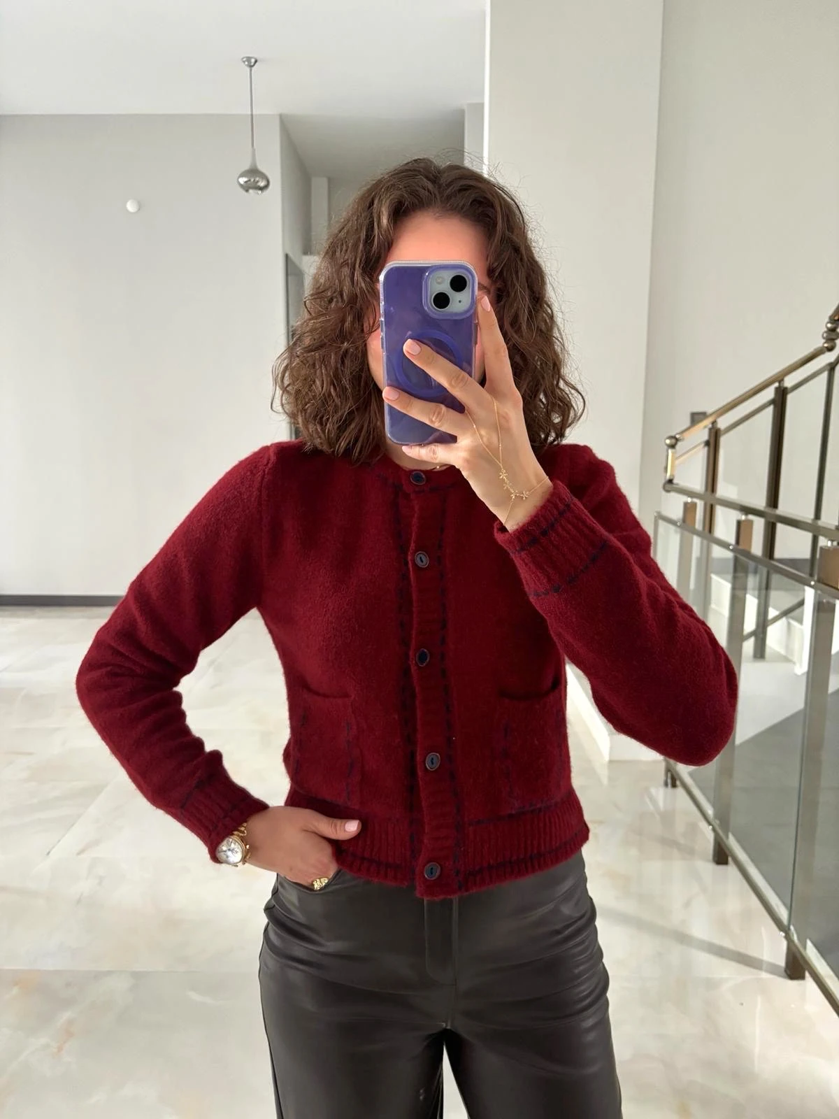 Biye Detaylı Cepli Yumoş Triko Hırka - Bordo