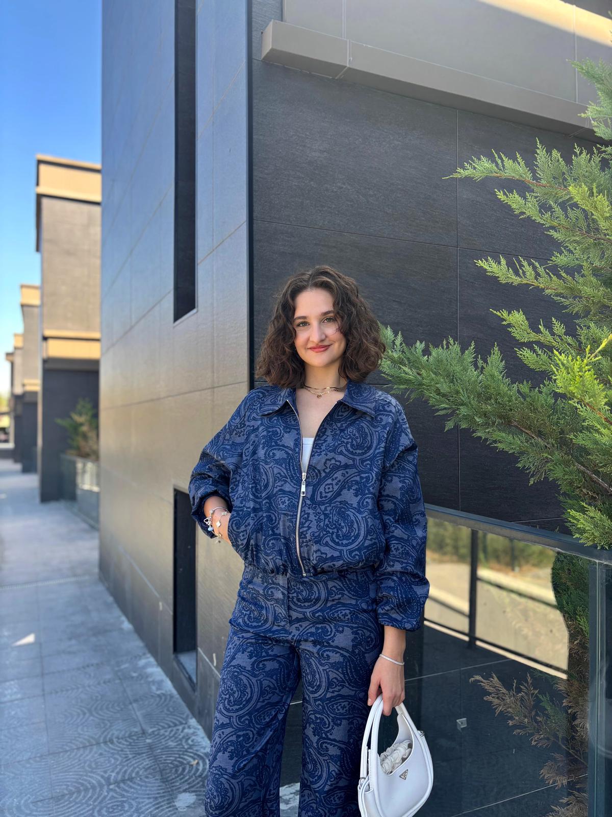 Bomber Ceketli Desenli Denim Takım