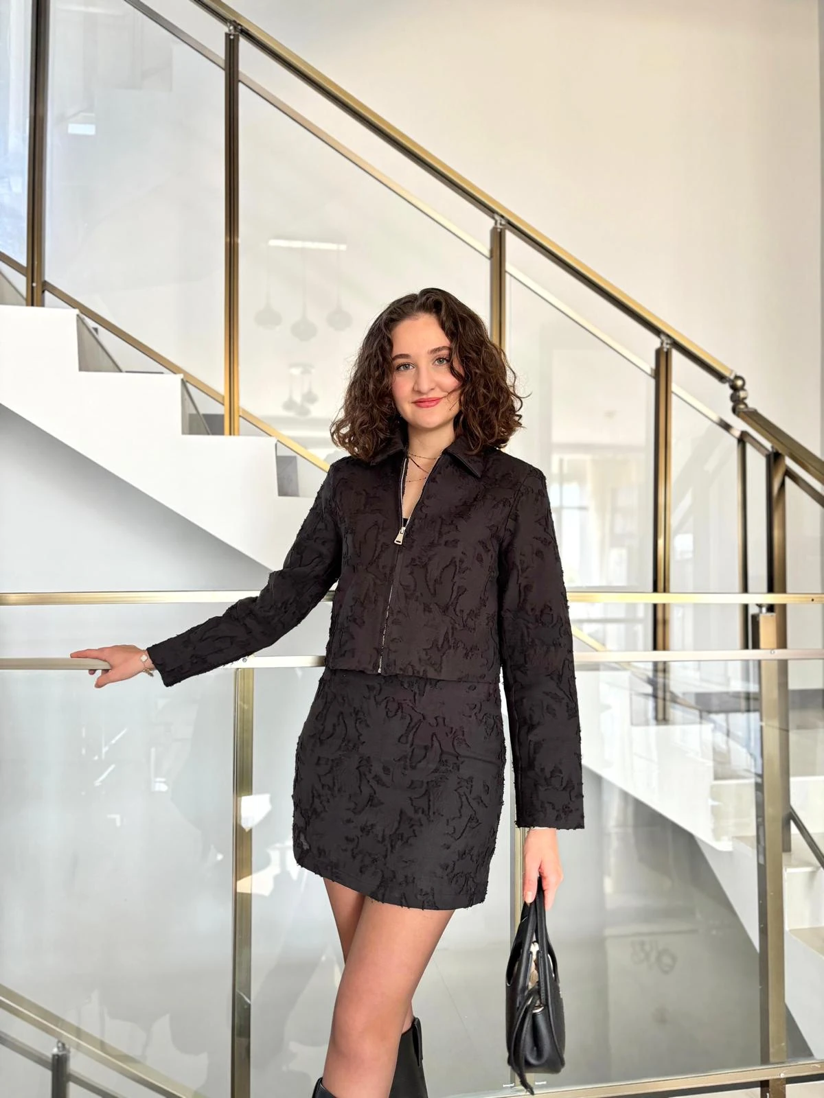 Jakarlı Mini Etek Ceket Takım