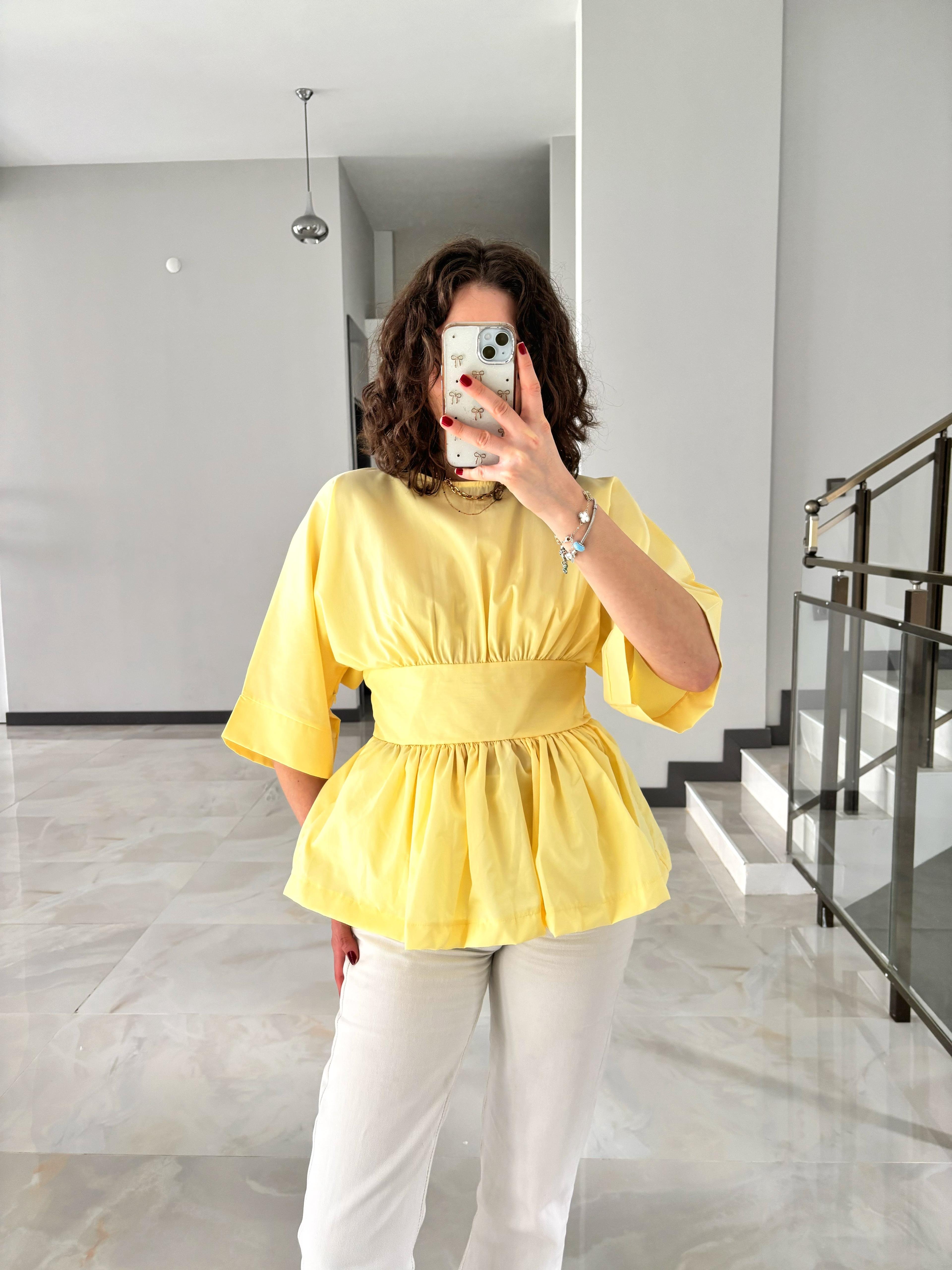 Beli Şeritli Tasarım Pinterest Gömlek - Sarı