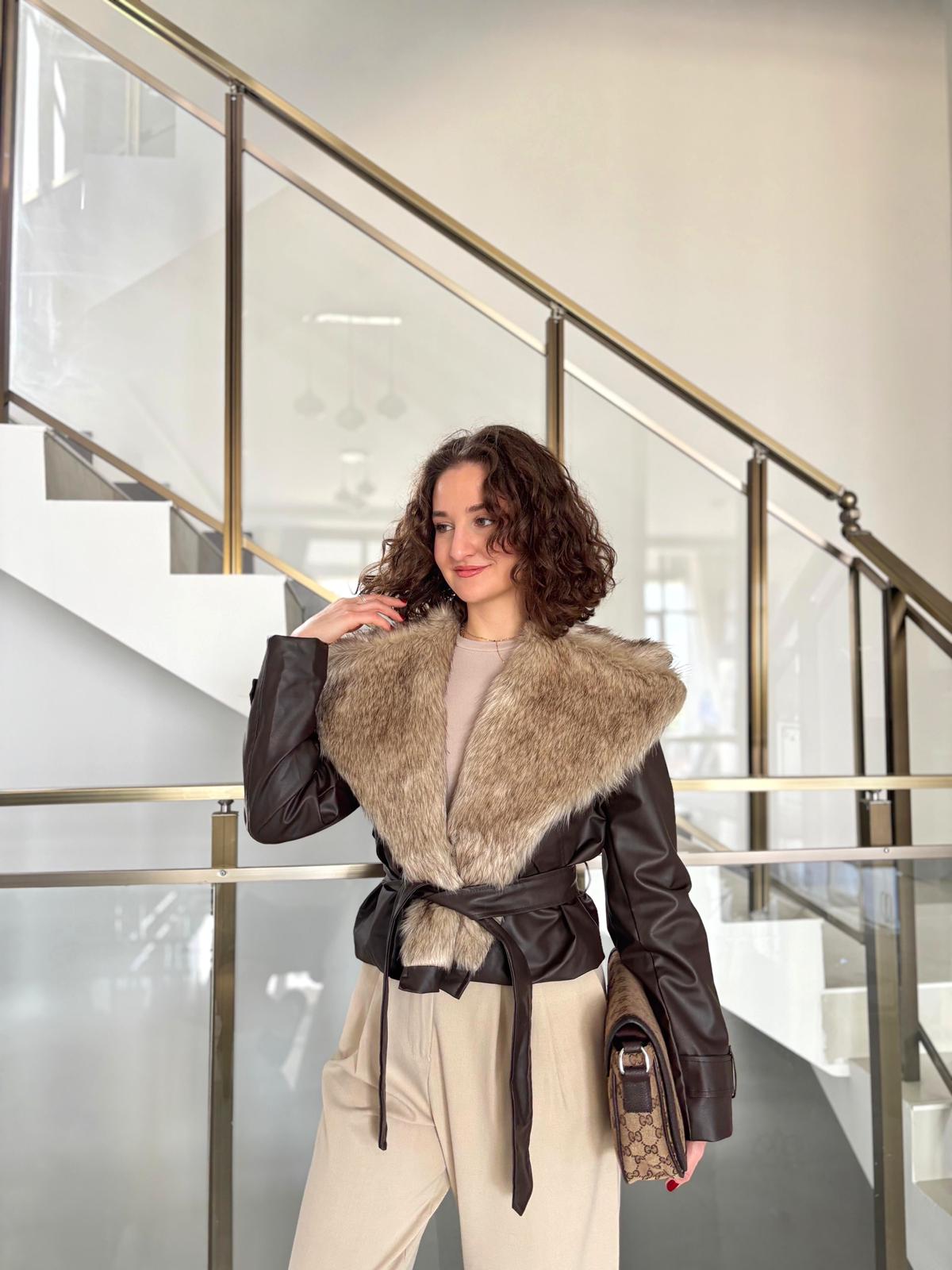 Premium Yakası Kürklü Kahve Deri Ceket