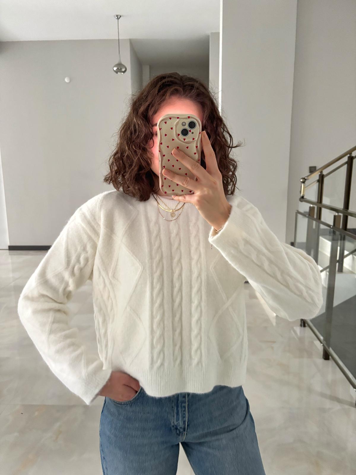 Kendinden Dokulu Triko Kazak - Ekru