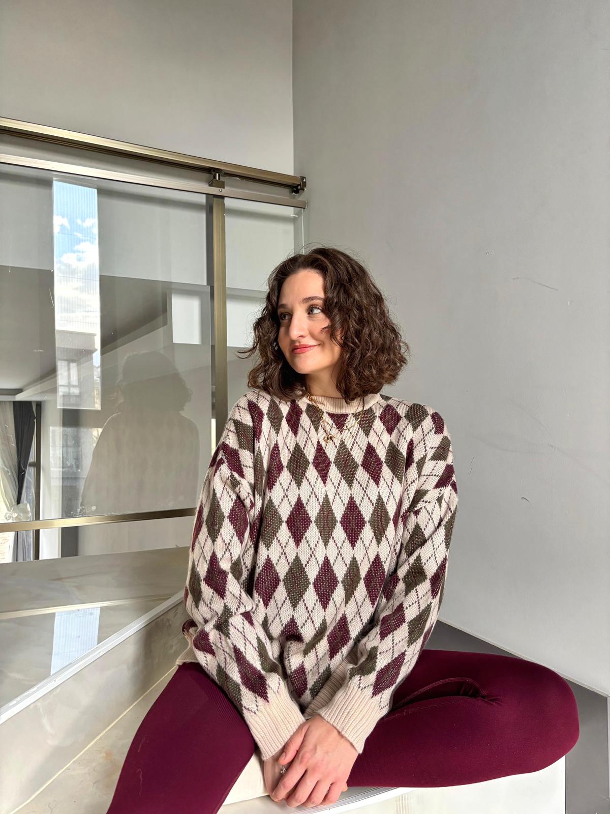 Vanilya Bordo Baklava Desen Oversize Kazak