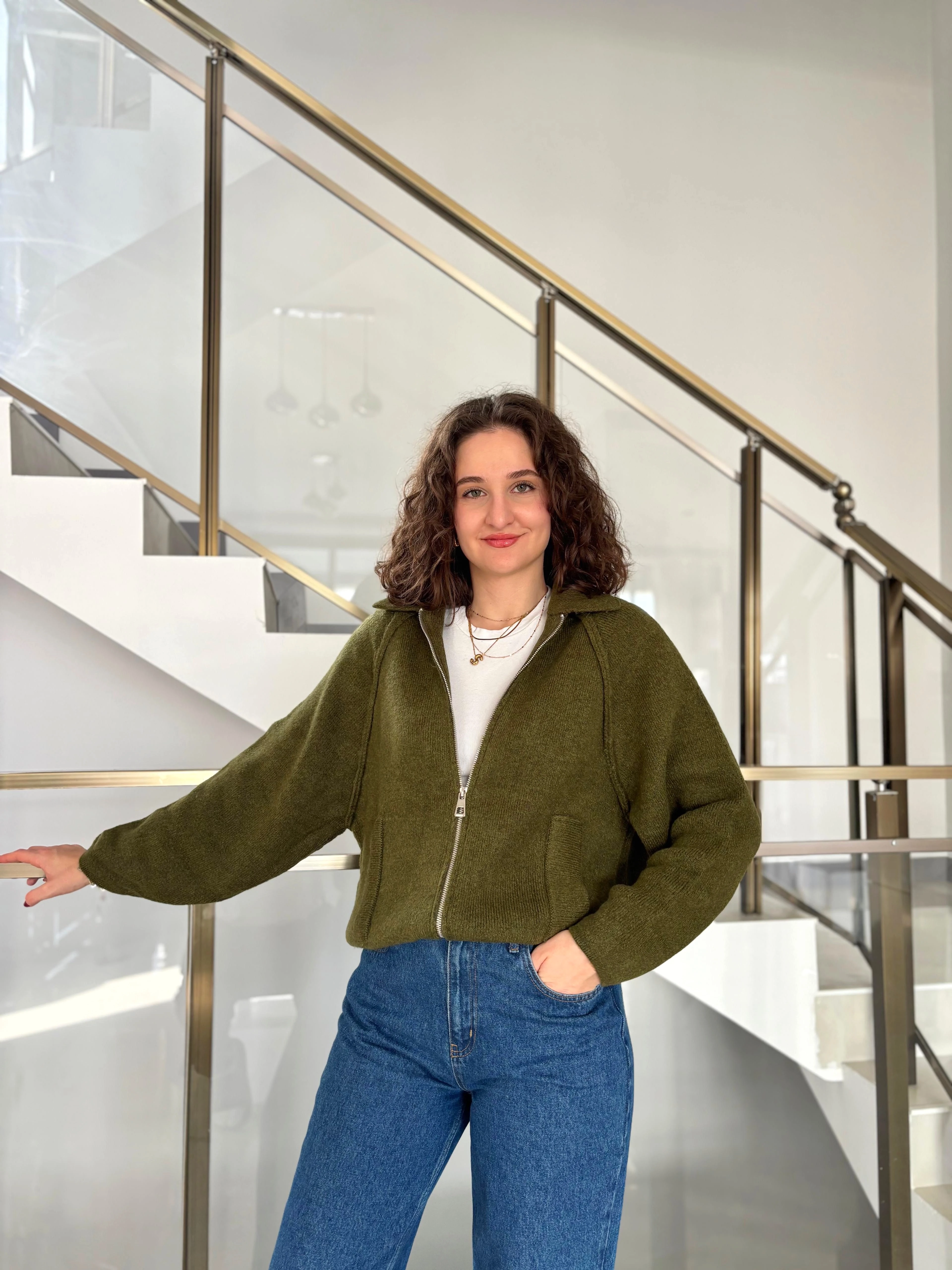 Yakalı Fermuarlı Triko Hırka