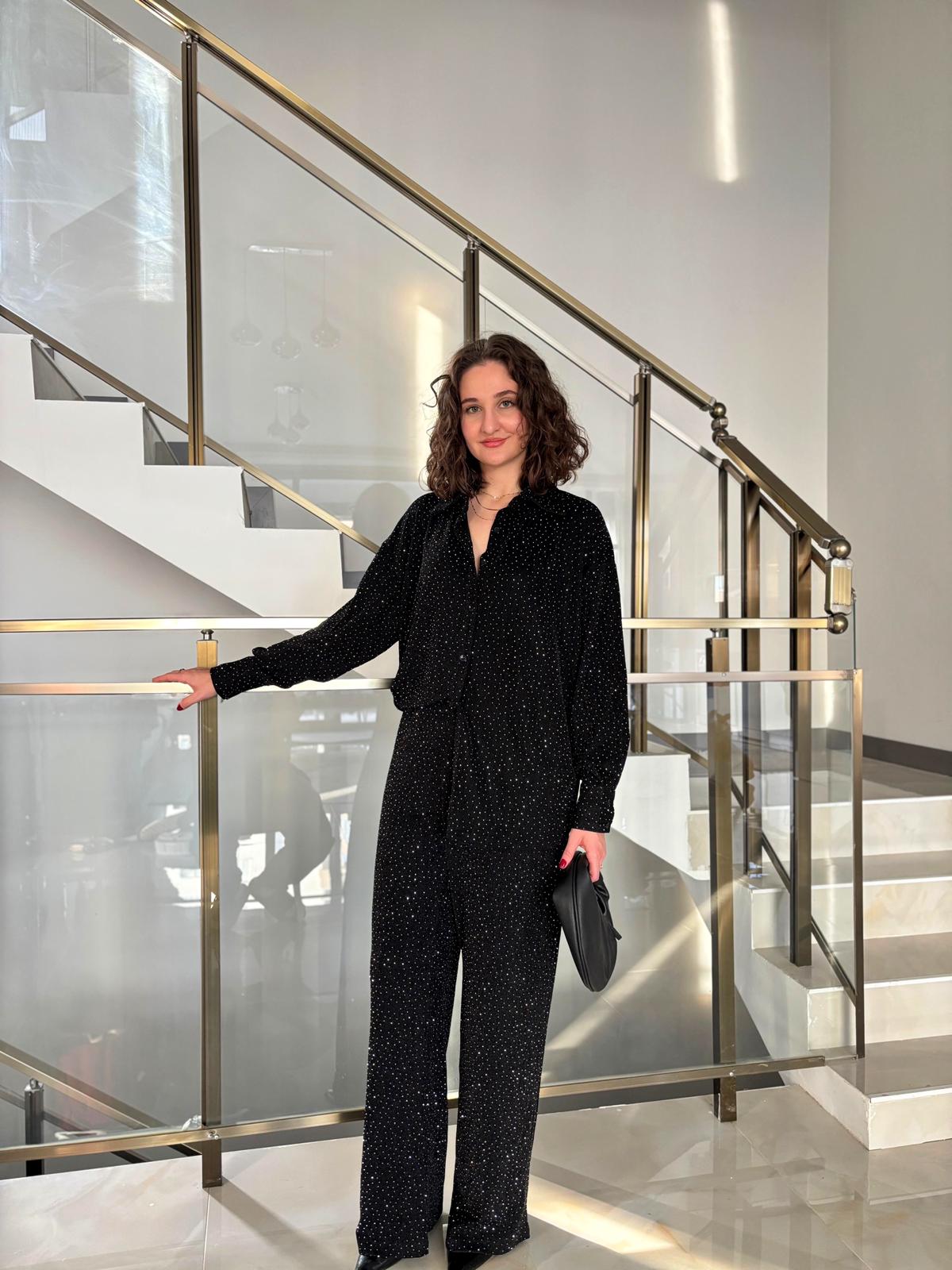 Kendinden Taşlı Pantolon Gömlek Takım