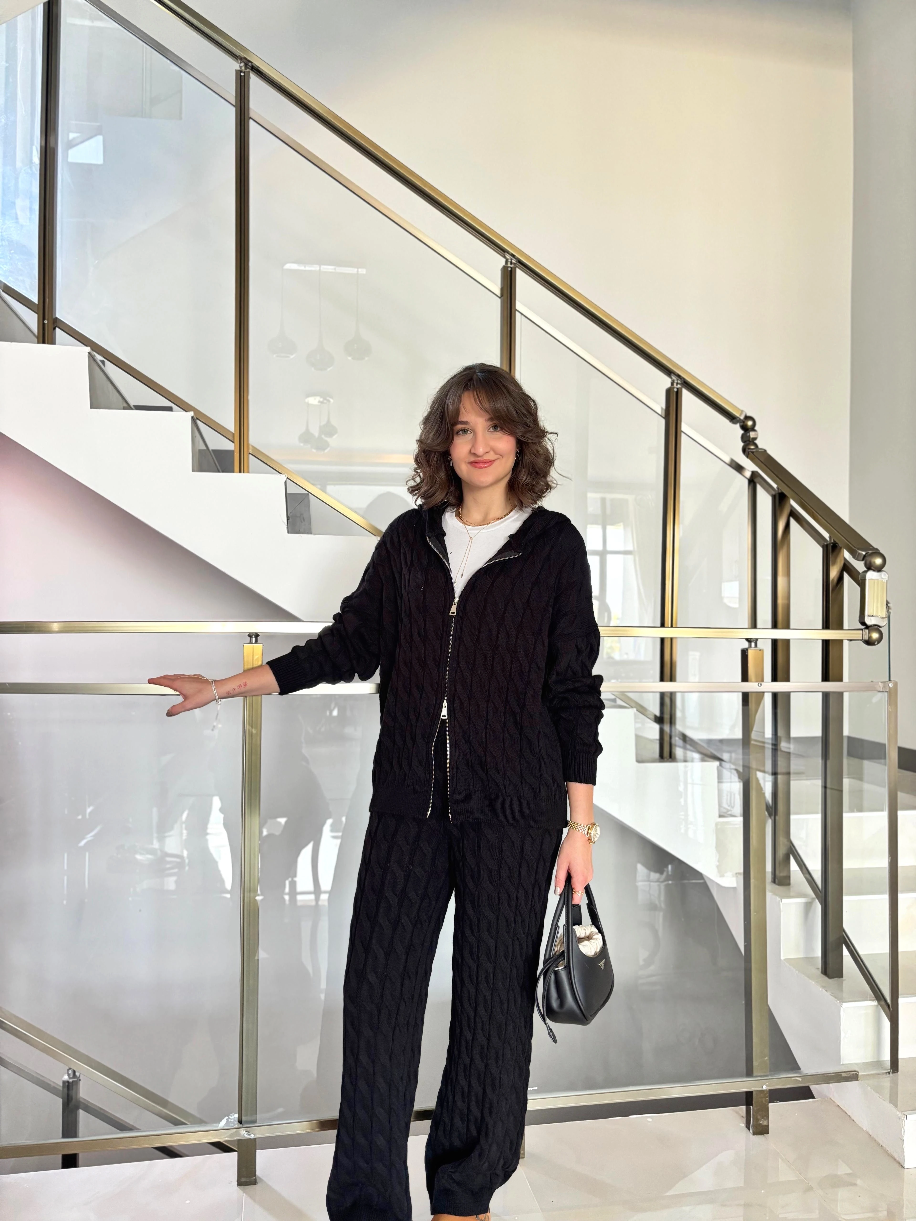 Çift Fermuarlı Saç Örgü Triko Takım