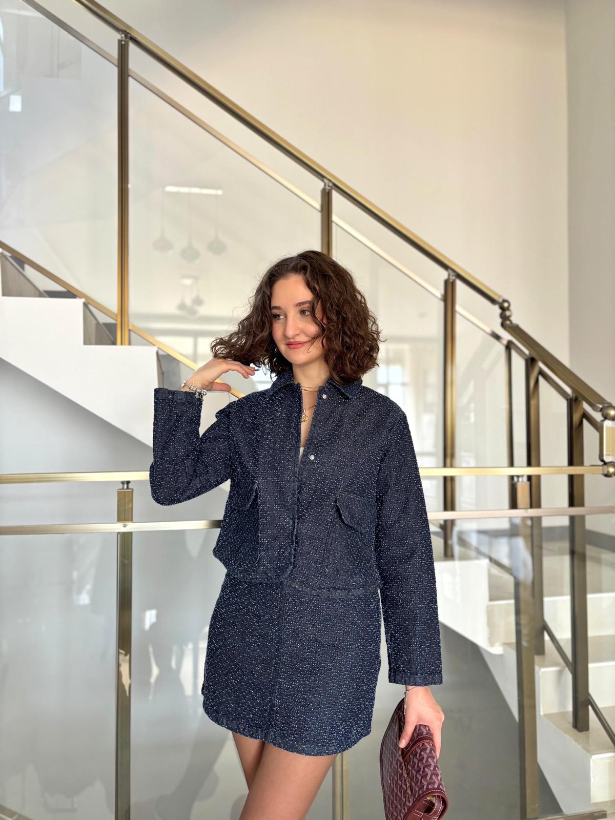 Kendinden Dokulu Denim Mini Etek Ceket Takım