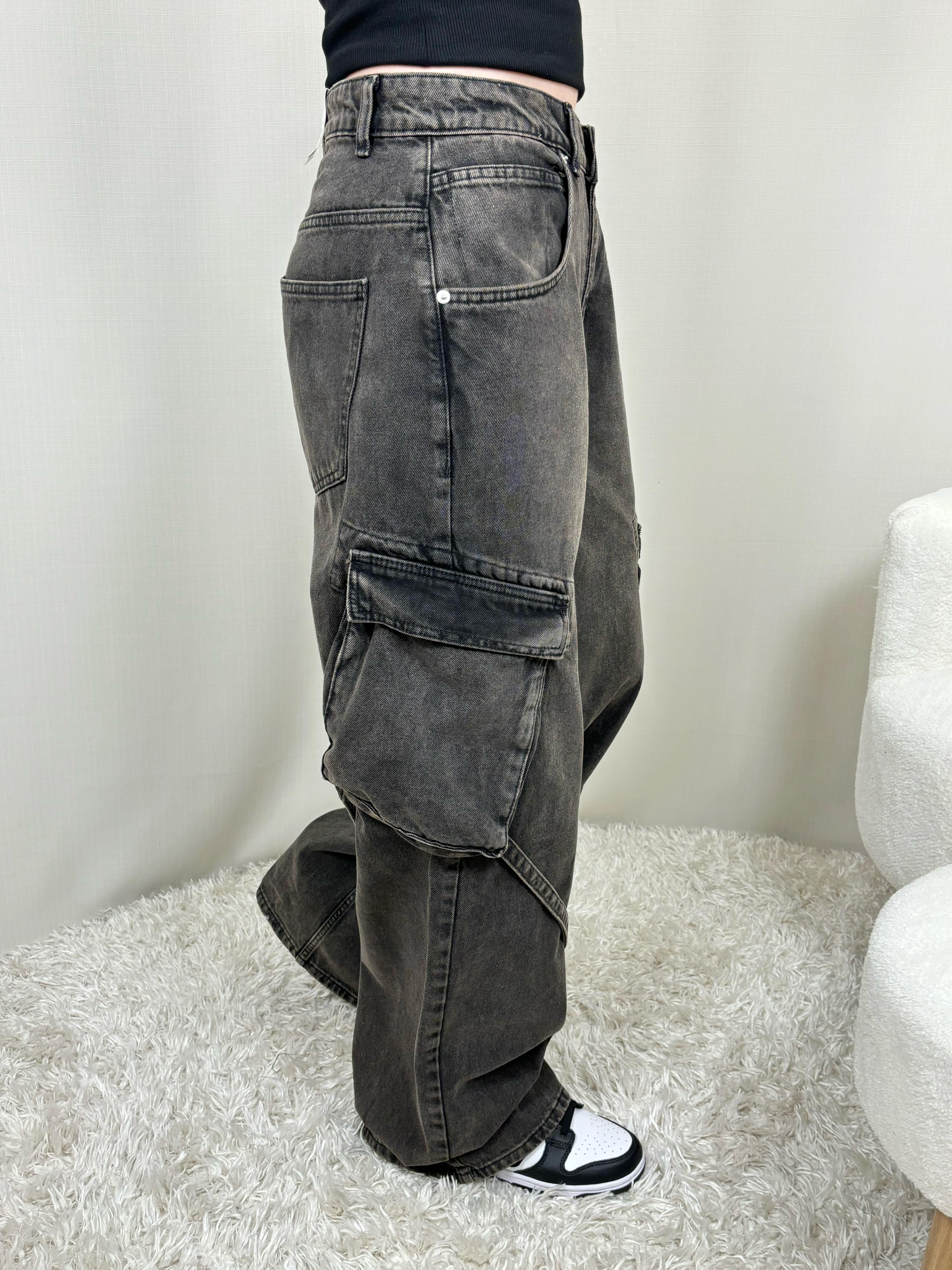 Oversize Cepli Kahve Eskitme Süper Wide Leg Jean
