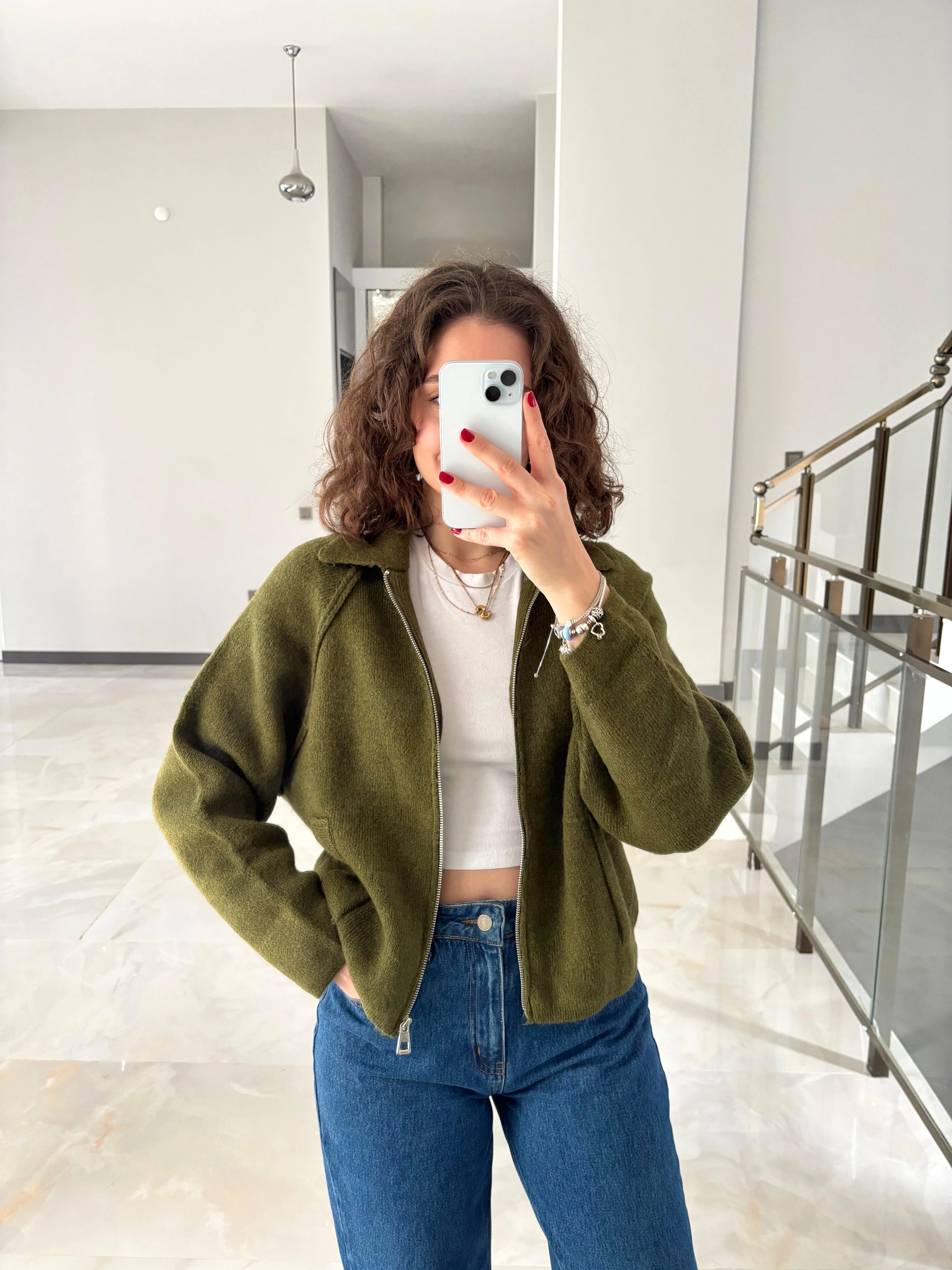 Yakalı Fermuarlı Triko Hırka