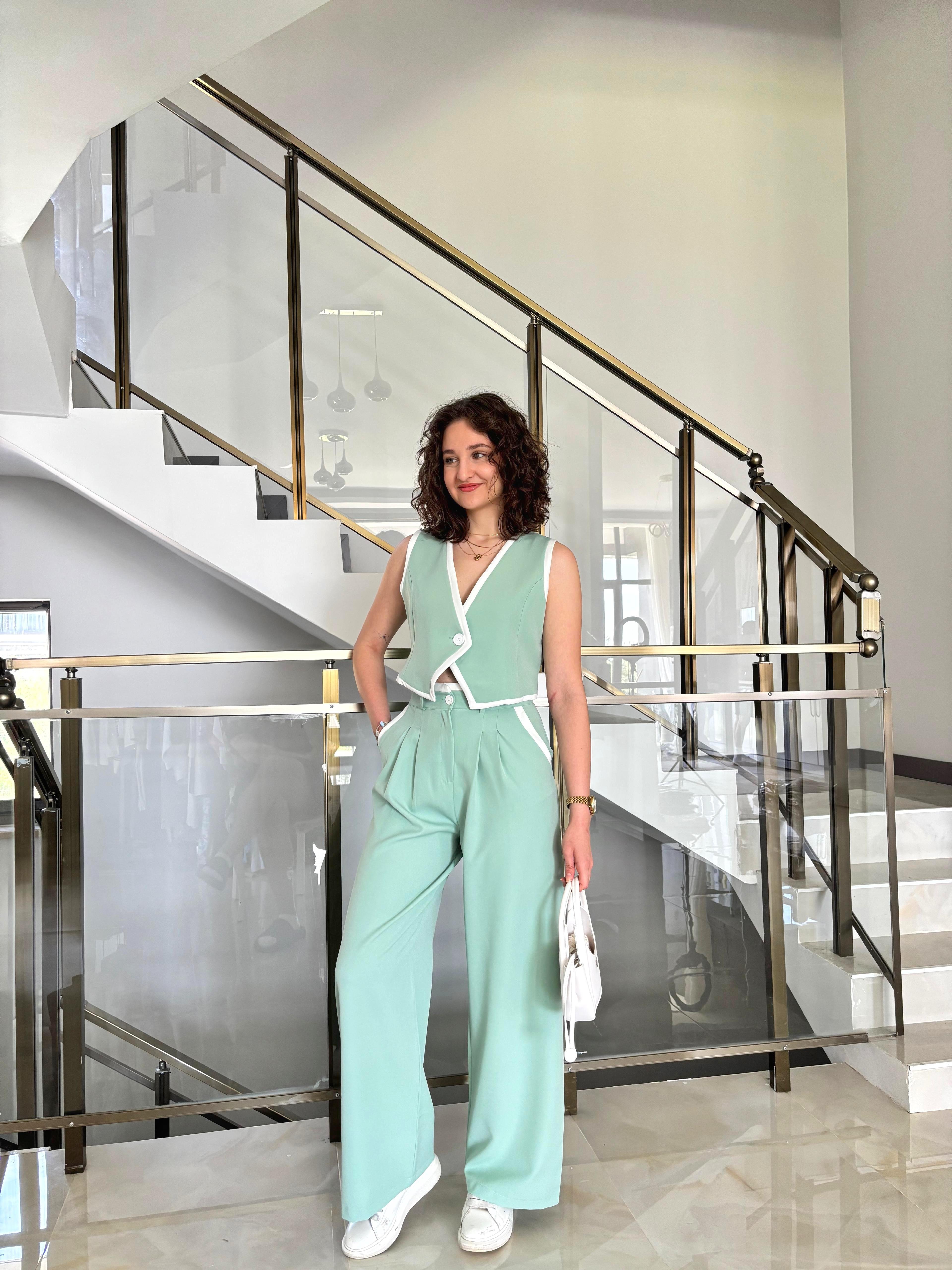 Premium Şeritli Yelek Pantolon Takım - Su Yeşili