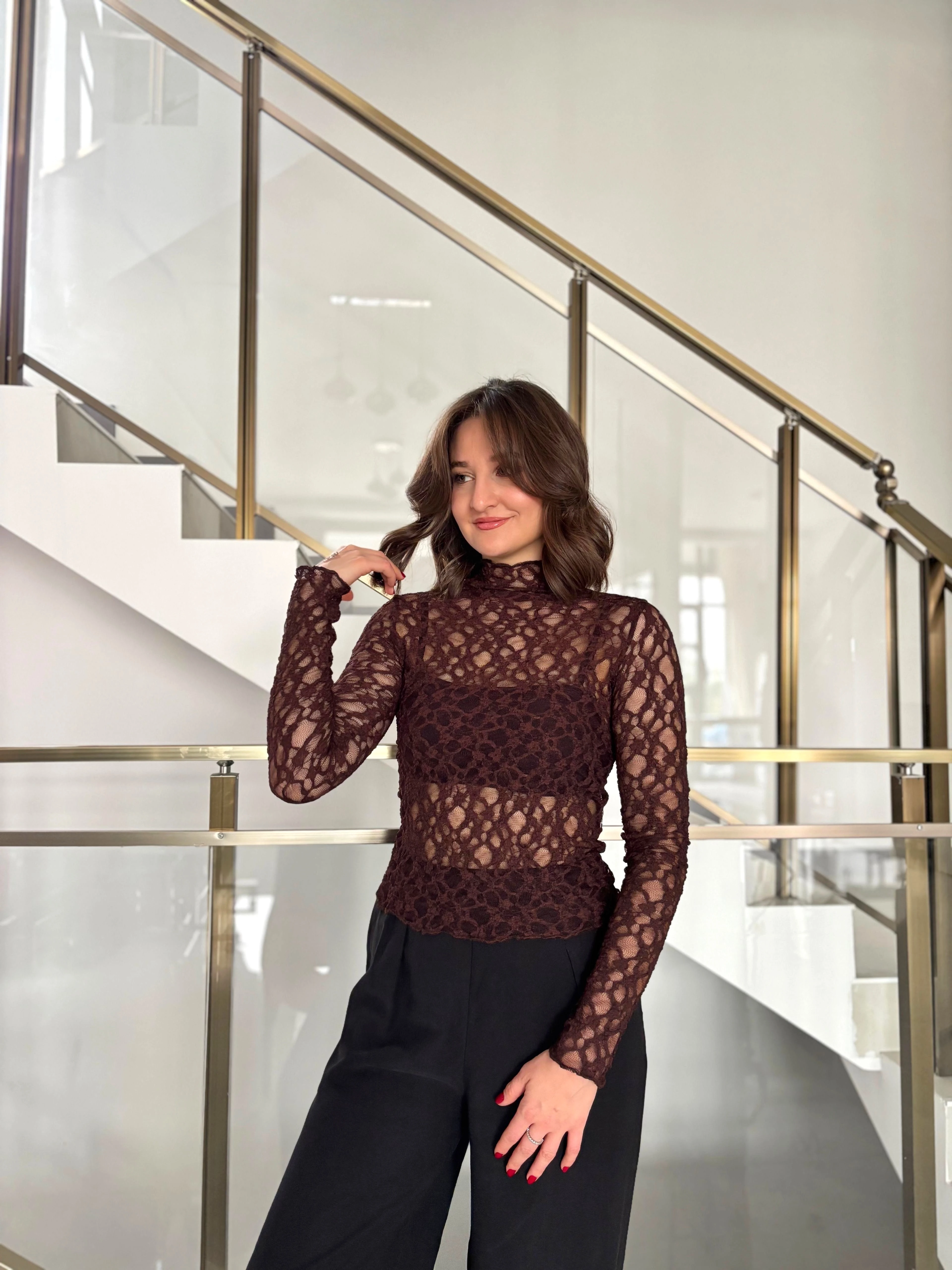 Balıkçı Yaka Dantel Bluz  - Kahverengi