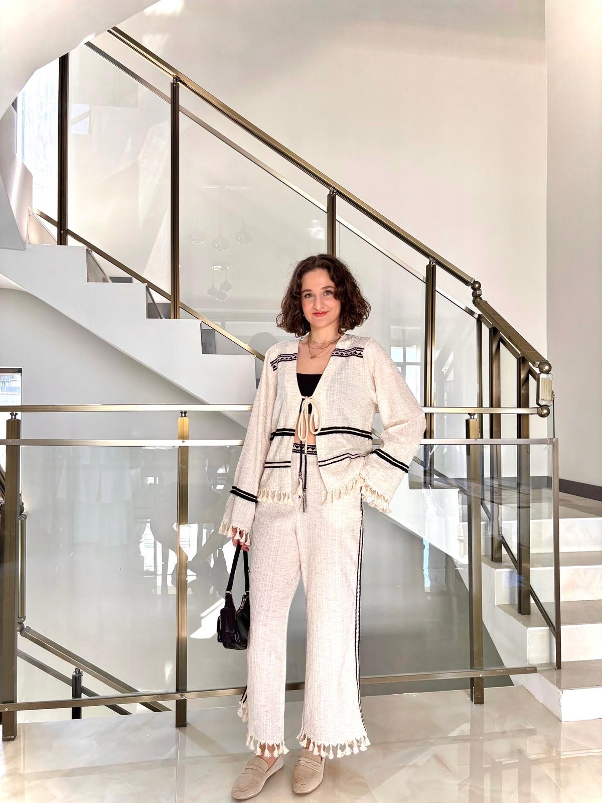 Püskül Detaylı Kimono Naturel Takım