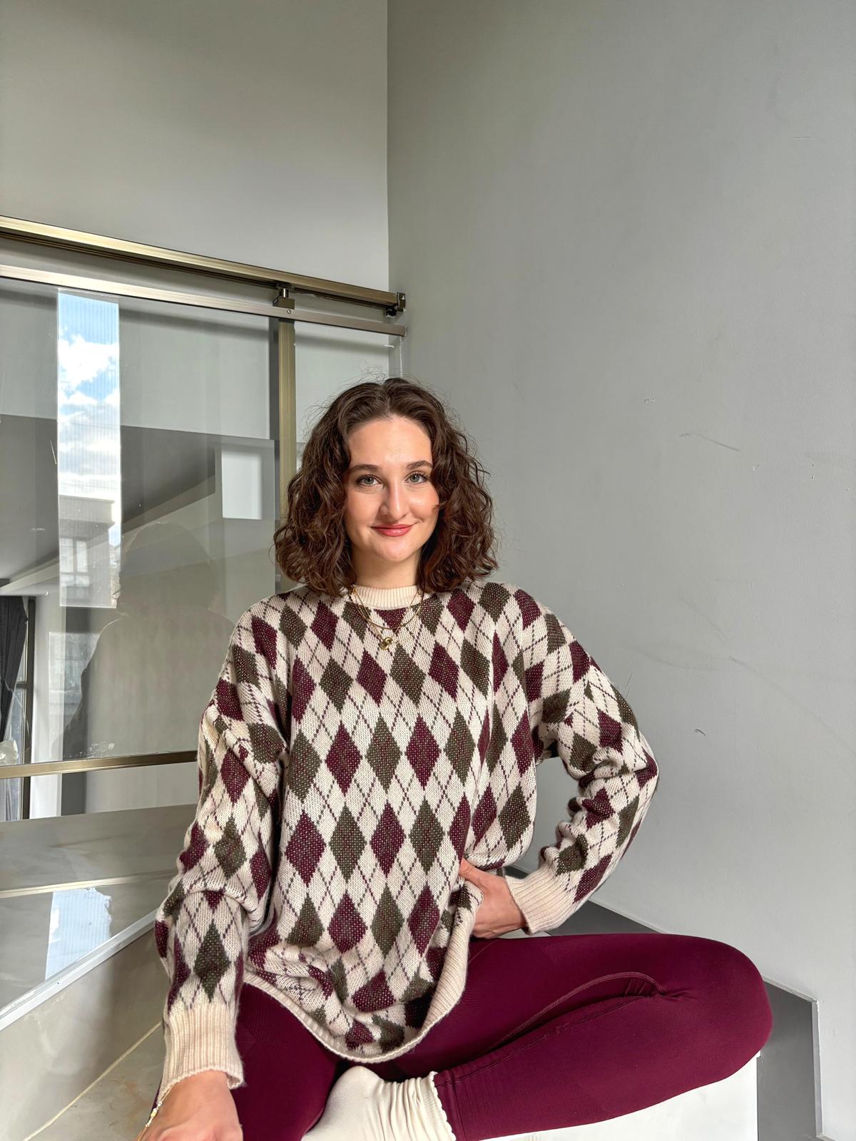 Vanilya Bordo Baklava Desen Oversize Kazak